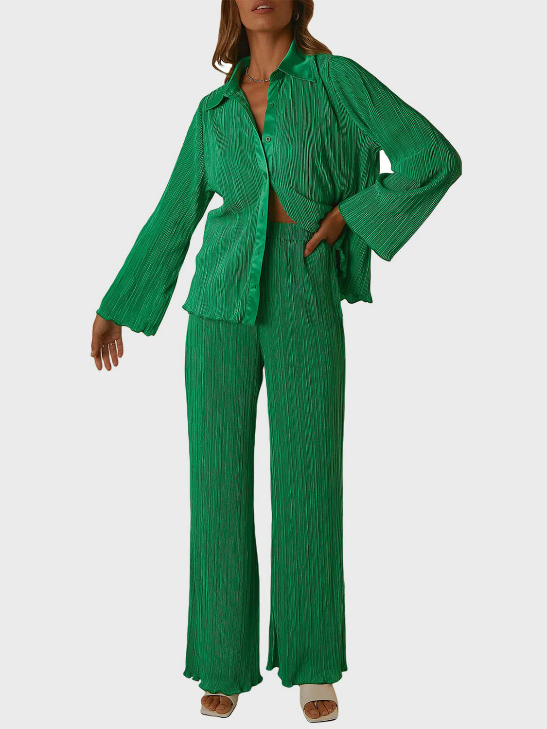 Collared Neck Long Sleeve Top and Pants Lounge Set-TOPS / DRESSES-[Adult]-[Female]-Dark Green-S-2022 Online Blue Zone Planet