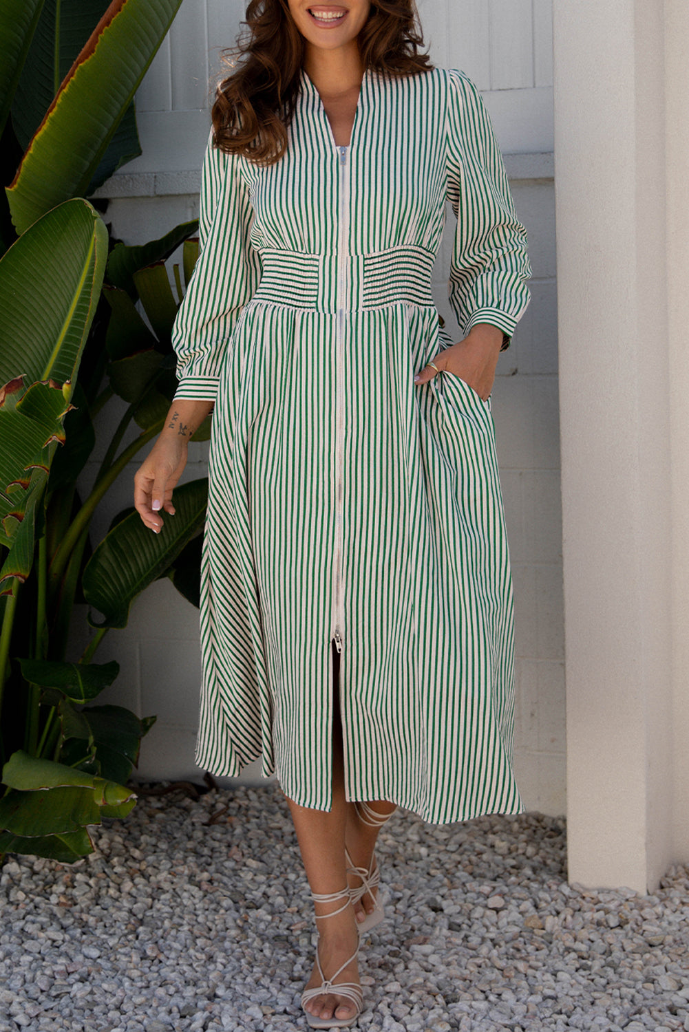 Green Stripe V Neck Zip Front Cinched High Waist Midi Dress-TOPS / DRESSES-[Adult]-[Female]-2022 Online Blue Zone Planet