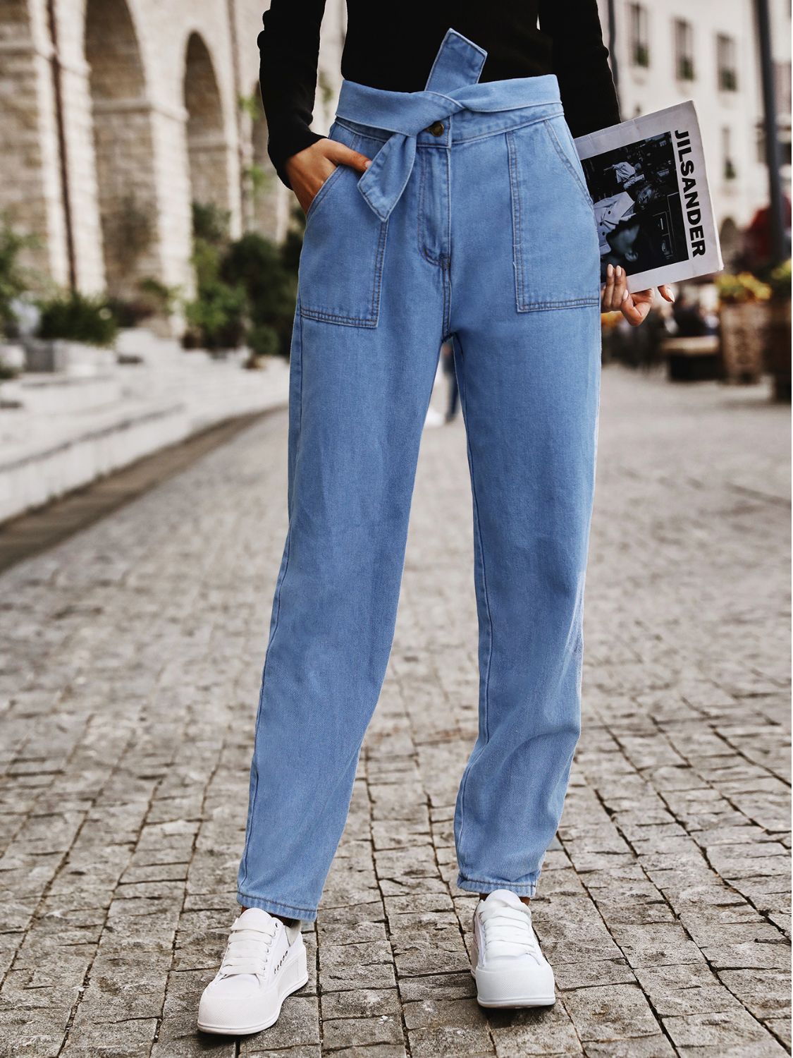 Tied Straight Jeans with Pockets-[Adult]-[Female]-Light-XS-2022 Online Blue Zone Planet