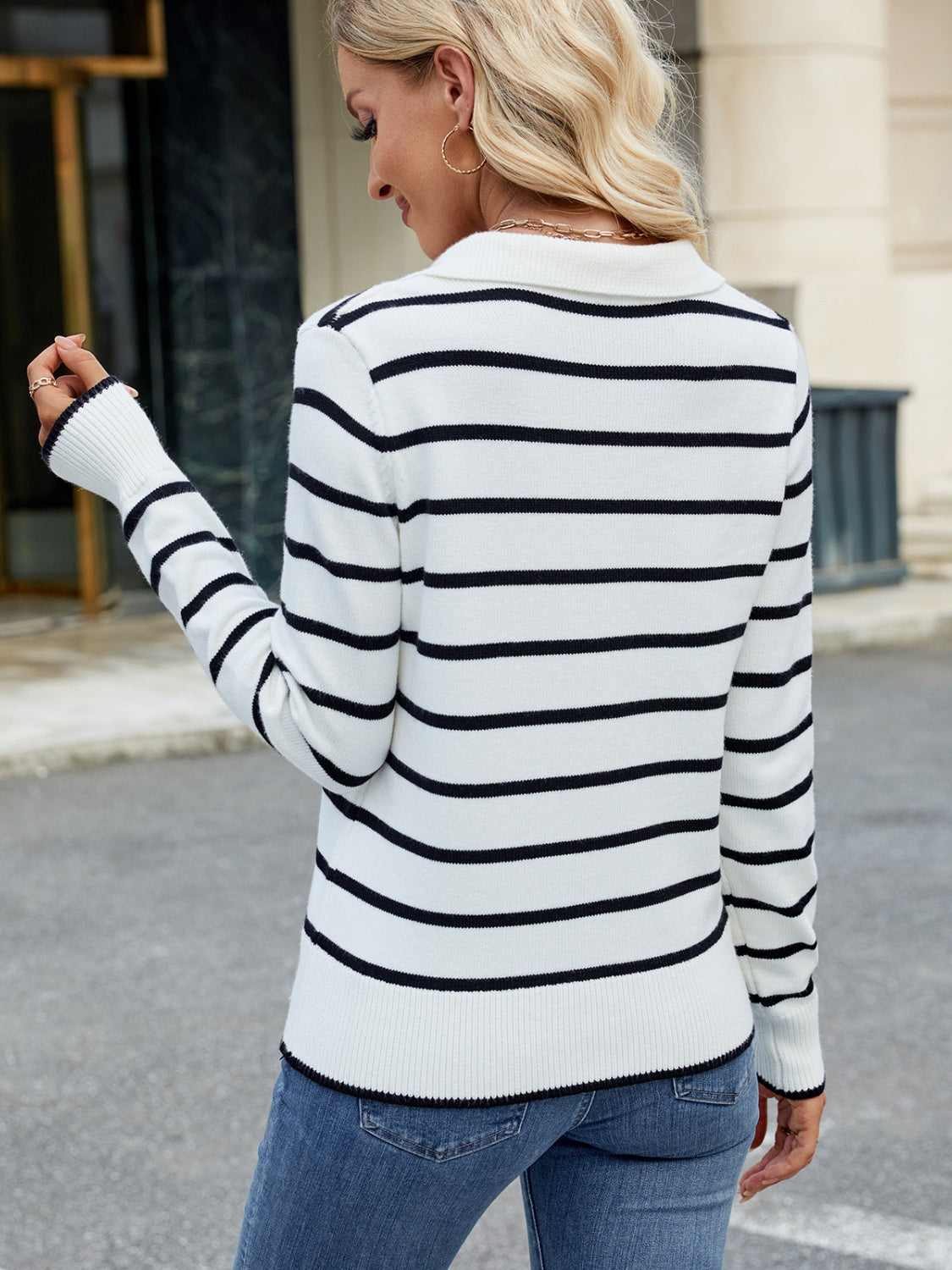 Striped Johnny Collar Long Sleeve Sweater-TOPS / DRESSES-[Adult]-[Female]-2022 Online Blue Zone Planet