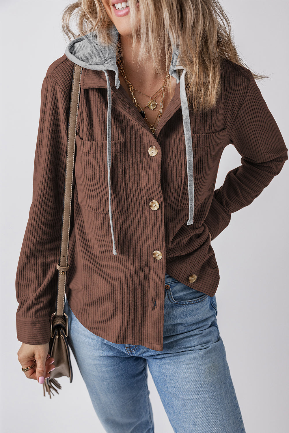 Coffee Hooded Drawstring Pockets Corduroy Shacket-Tops / Dresses-[Adult]-[Female]-2022 Online Blue Zone Planet