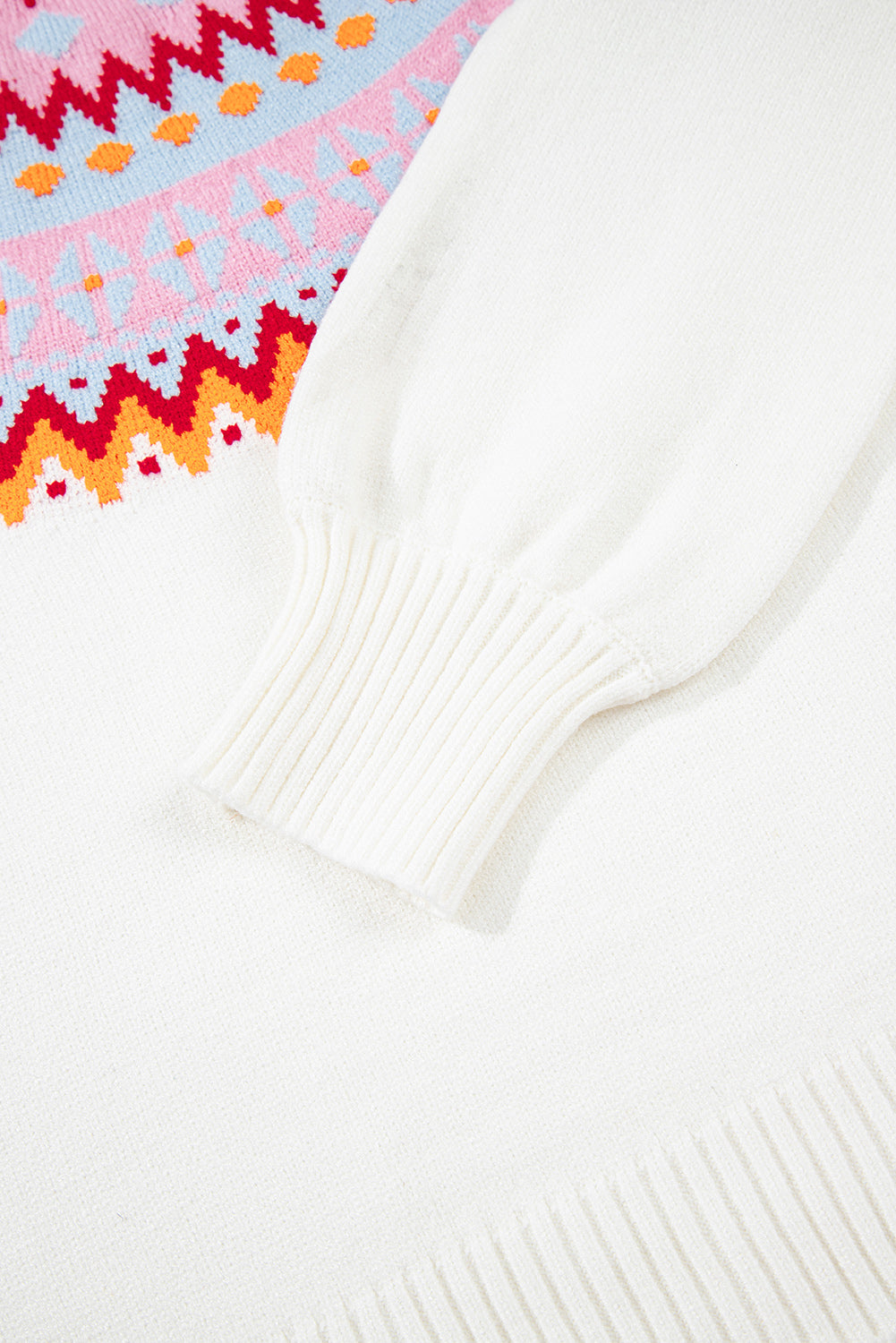 White Ethnic Geometric Colorblock Print Drop Shoulder Sweater-Sweaters & Cardigans/Sweaters-[Adult]-[Female]-2022 Online Blue Zone Planet
