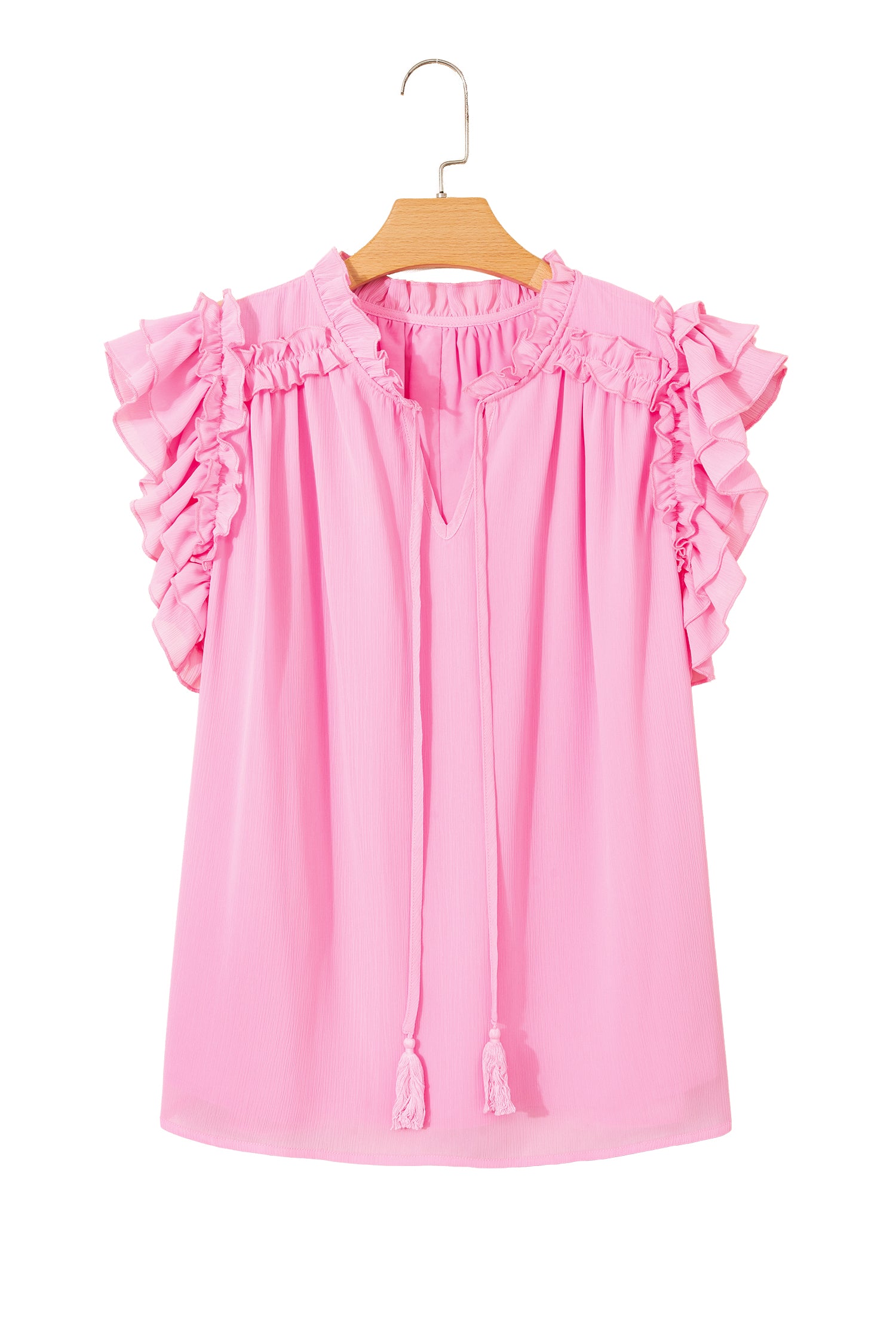 Bonbon Plus Size Textured Tassel Tie V Neck Ruffle Short Sleeve Blouse-Plus Size/Plus Size Tops/Plus Size Blouses & Shirts-[Adult]-[Female]-2022 Online Blue Zone Planet