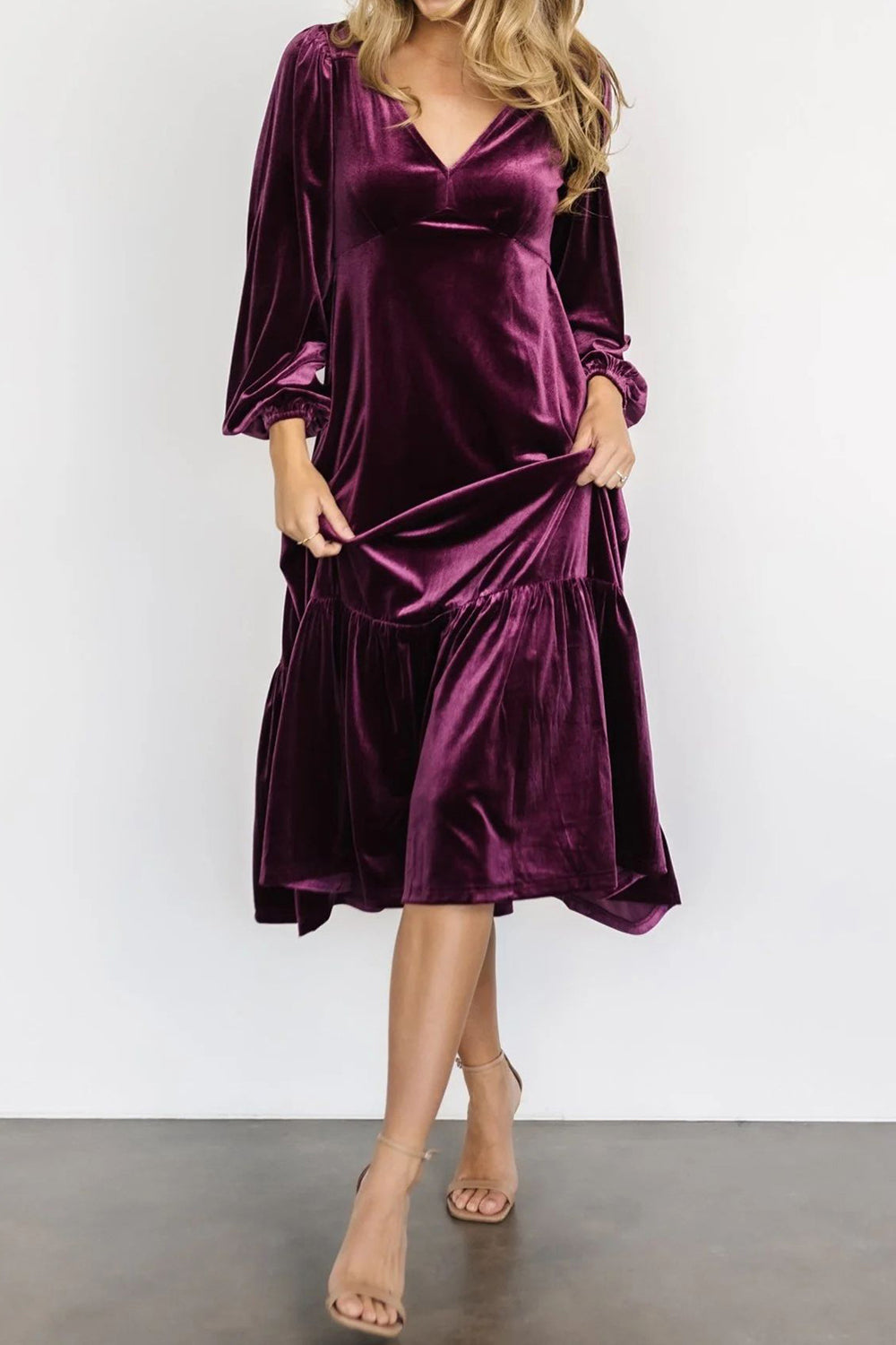 V-Neck Long Sleeve Midi Velvet Dress-TOPS / DRESSES-[Adult]-[Female]-Violet-S-2022 Online Blue Zone Planet