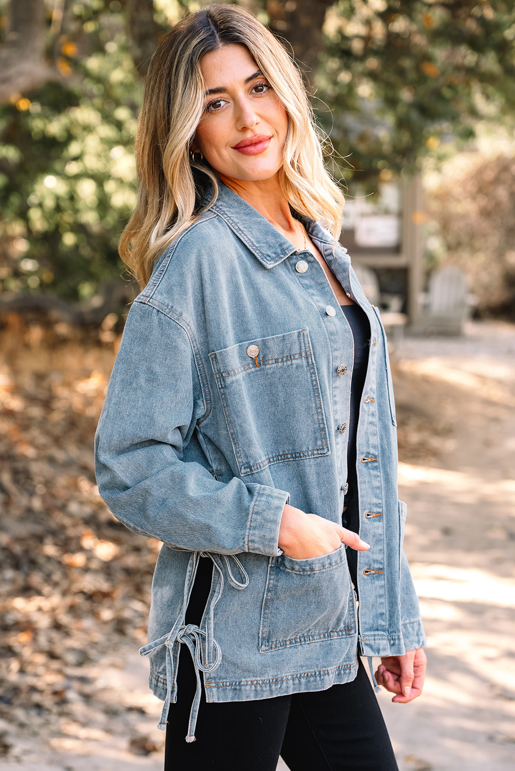 Beau Blue Multi Patched Pockets Side Tie up Boyfriend Style Denim Jacket-Outerwear/Denim jackets-[Adult]-[Female]-2022 Online Blue Zone Planet