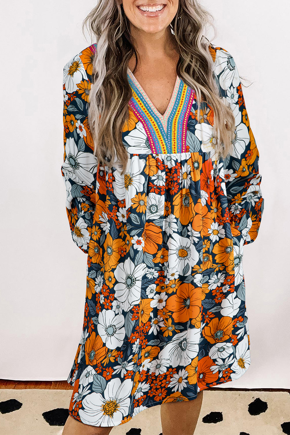 Orange Floral Print Striped Lace V Neck Long Sleeve Mini Dress-TOPS / DRESSES-[Adult]-[Female]-Orange-S-2022 Online Blue Zone Planet