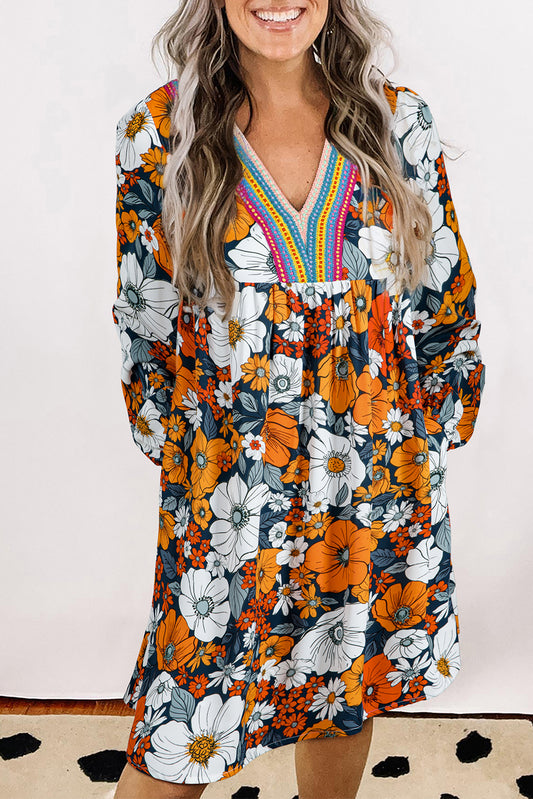 Orange Floral Print Striped Lace V Neck Long Sleeve Mini Dress-TOPS / DRESSES-[Adult]-[Female]-Orange-S-2022 Online Blue Zone Planet