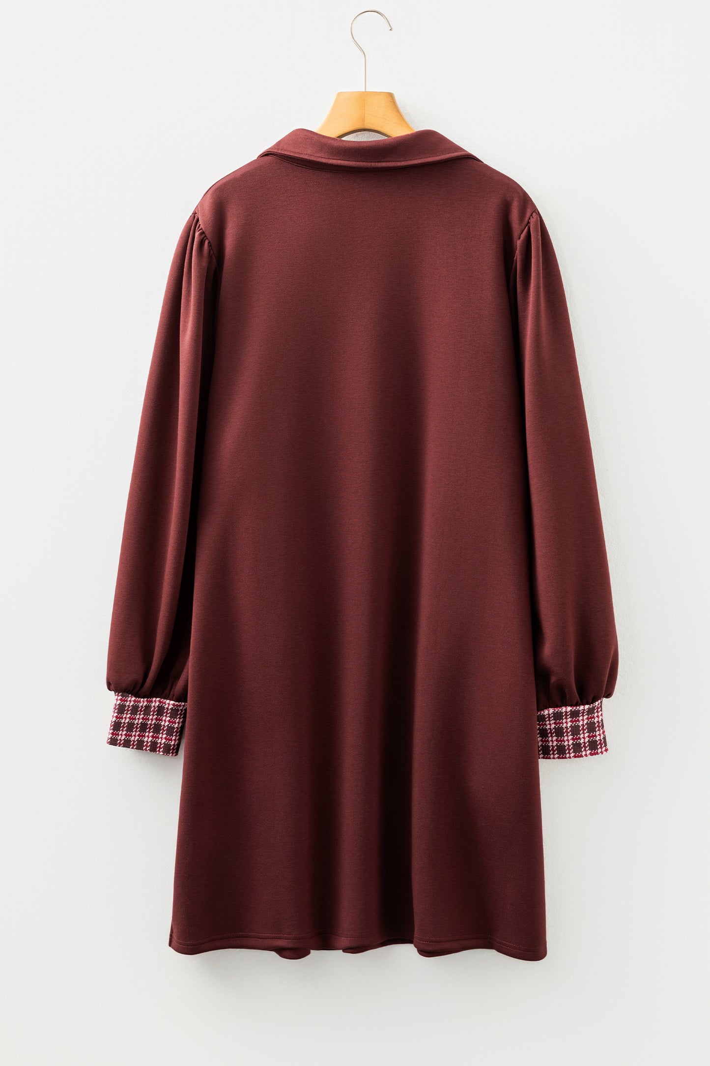 Coffee Contrast Plaid Trim Patchwork Collared Plus Size Shift Mini Dress-TOPS / DRESSES-[Adult]-[Female]-2022 Online Blue Zone Planet