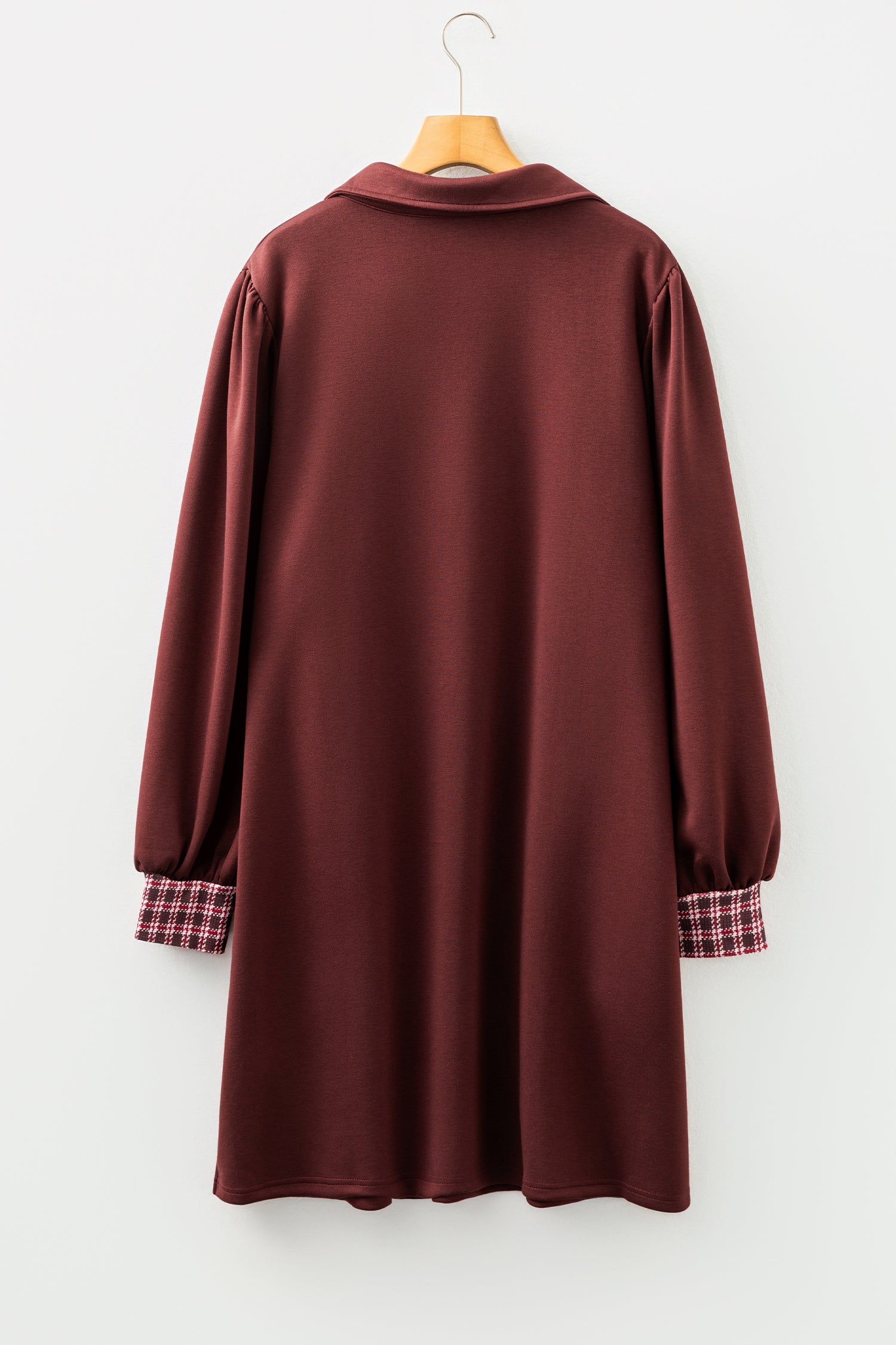 Coffee Contrast Plaid Trim Patchwork Collared Plus Size Shift Mini Dress-TOPS / DRESSES-[Adult]-[Female]-2022 Online Blue Zone Planet