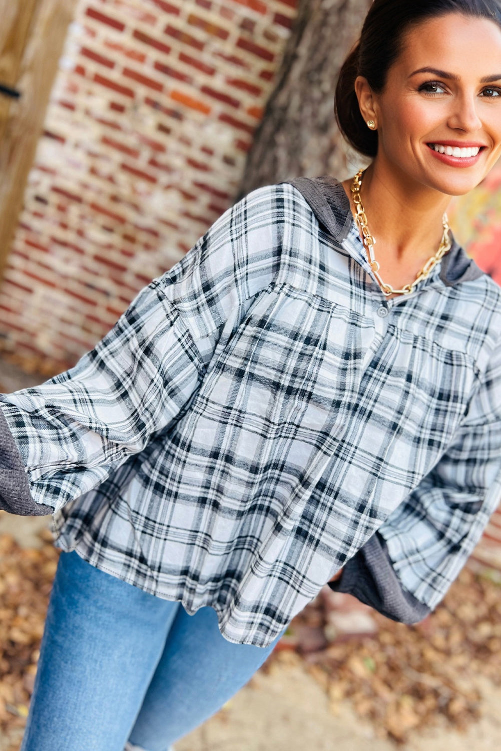 Gray Plaid Patchwork Long Sleeve Button Hooded Blouse-Tops / Dresses-[Adult]-[Female]-2022 Online Blue Zone Planet