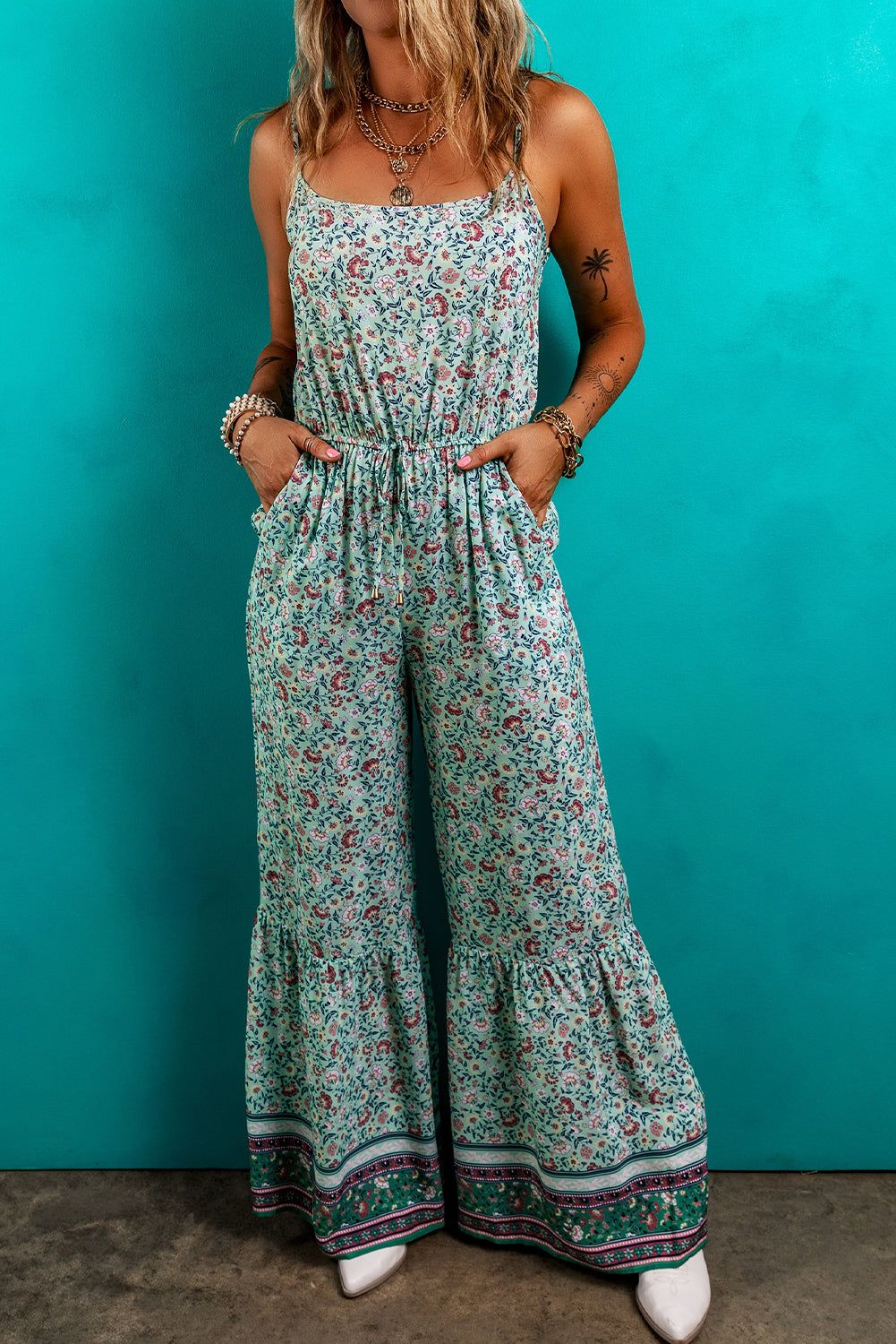 Green Bohemian Floral Ruffle Bottom Spaghetti Strap Jumpsuit-Bottoms/Jumpsuits & Rompers-[Adult]-[Female]-Green-S-2022 Online Blue Zone Planet