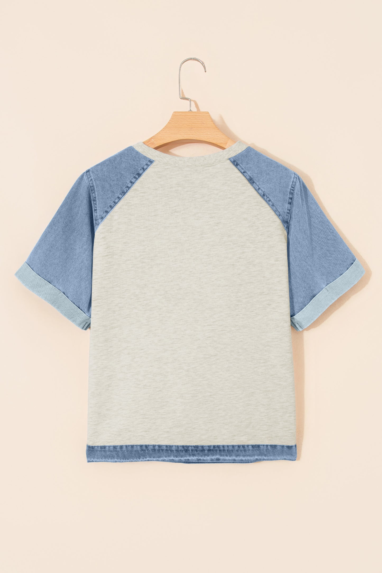 Beige Denim Color Block Patchwork Round Neck Tee-Tops/Tops & Tees-[Adult]-[Female]-2022 Online Blue Zone Planet