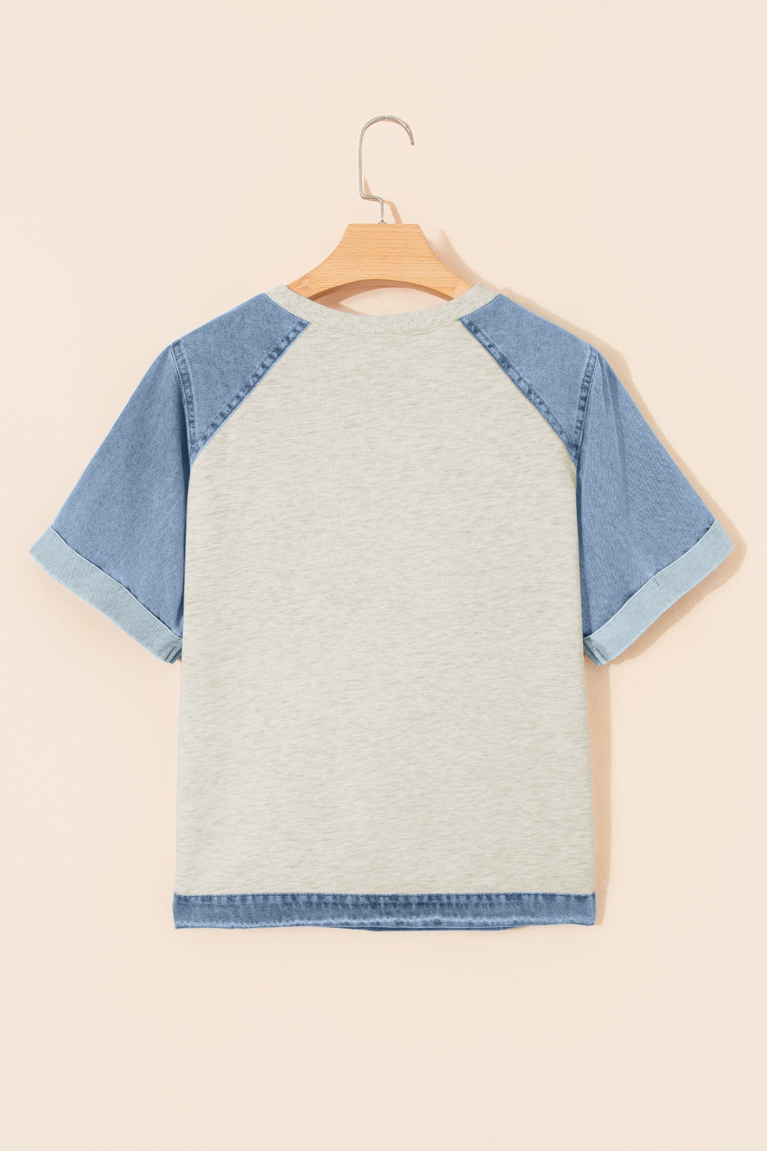 Beige Denim Color Block Patchwork Round Neck Tee-Tops/Tops & Tees-[Adult]-[Female]-2022 Online Blue Zone Planet