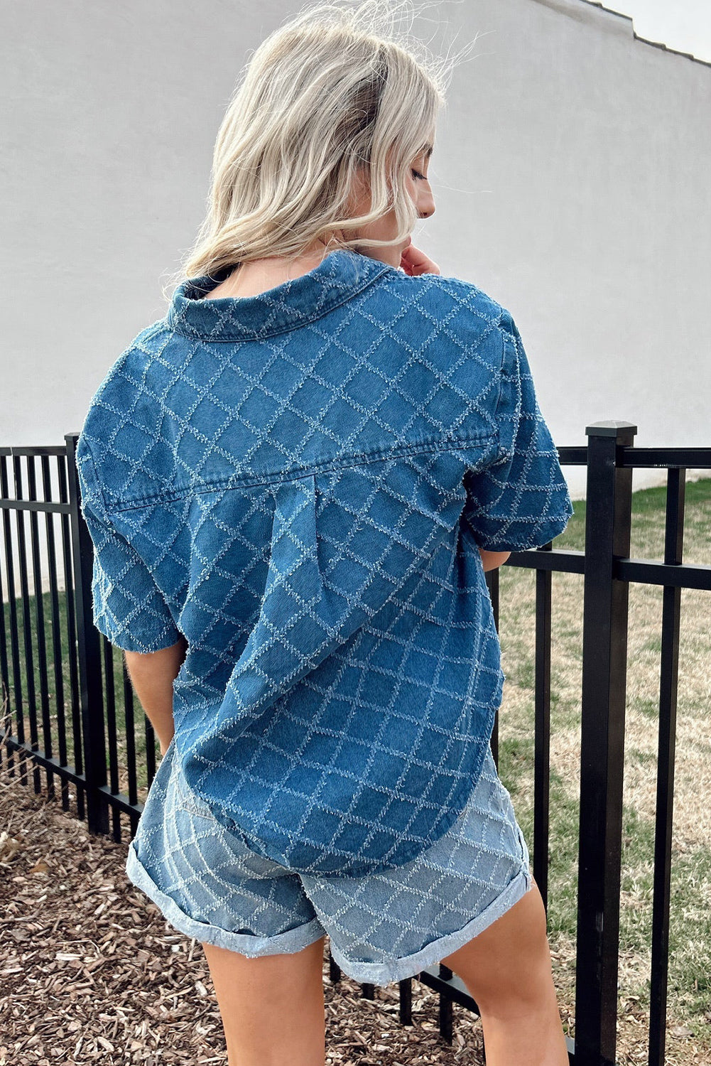 Dusk Blue Checkered Textured Short Sleeve Patched Pocket Denim Shirt-Tops/Blouses & Shirts-[Adult]-[Female]-2022 Online Blue Zone Planet
