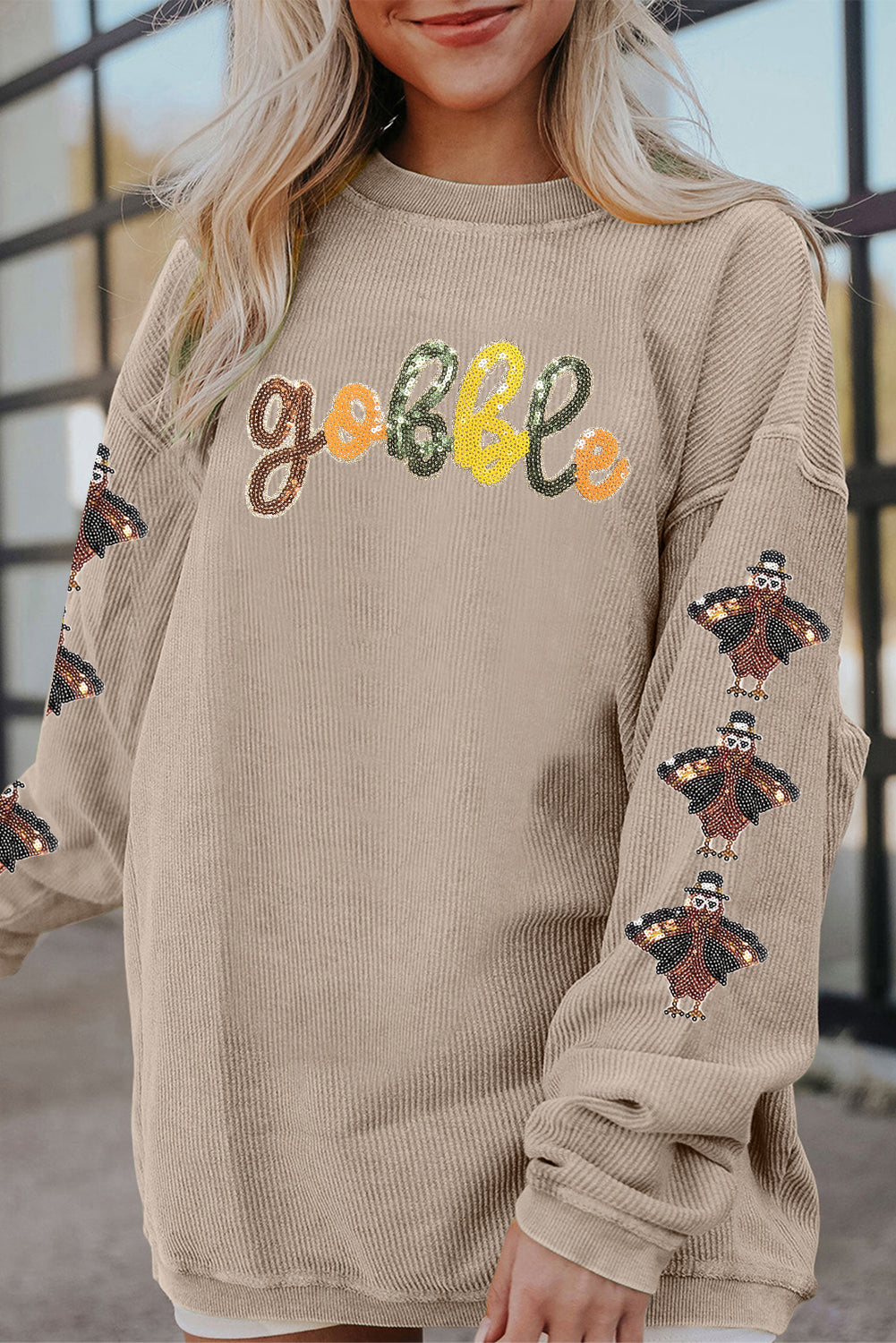 Smoke Gray Corded Ribbed Thanksgiving Turkey Sequin Patched Sleeve gobble Baggy Sweatshirt-Graphic/Graphic Sweatshirts-[Adult]-[Female]-2022 Online Blue Zone Planet
