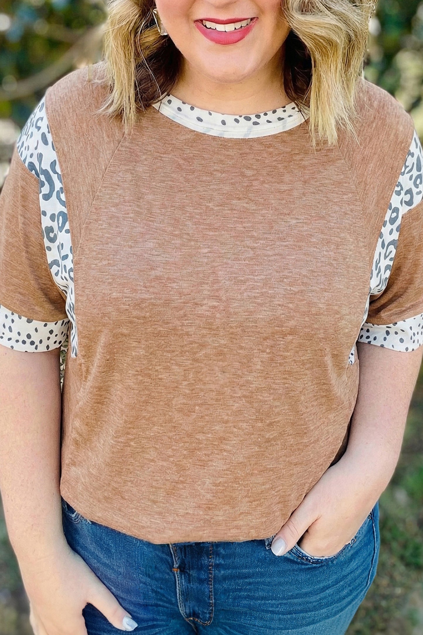 Chestnut Animal Color Block Patchwork Plus Size Tee-Plus Size/Plus Size Tops-[Adult]-[Female]-Chestnut-1X-2022 Online Blue Zone Planet