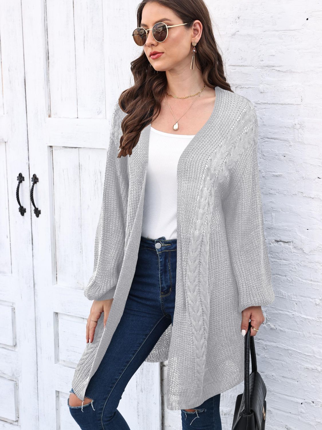 Cable-Knit Open Front Long Sleeve Cardigan-TOPS / DRESSES-[Adult]-[Female]-Light Gray-One Size-2022 Online Blue Zone Planet