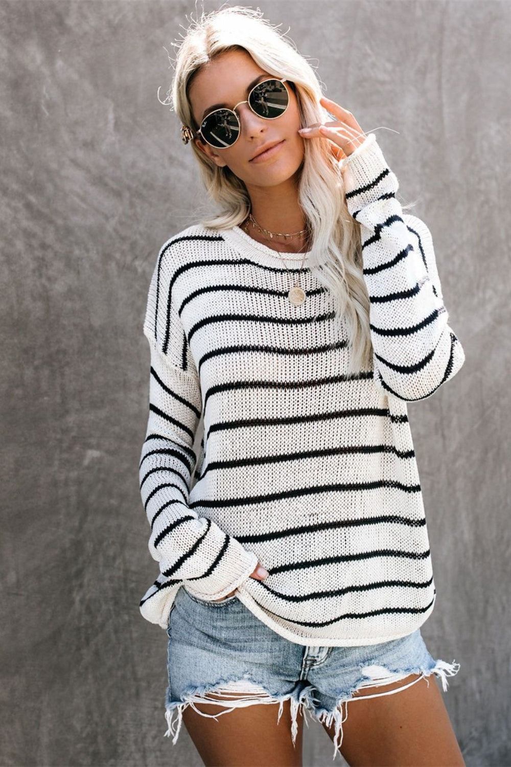 Striped Round Neck Drop Shoulder Sweater-TOPS / DRESSES-[Adult]-[Female]-2022 Online Blue Zone Planet