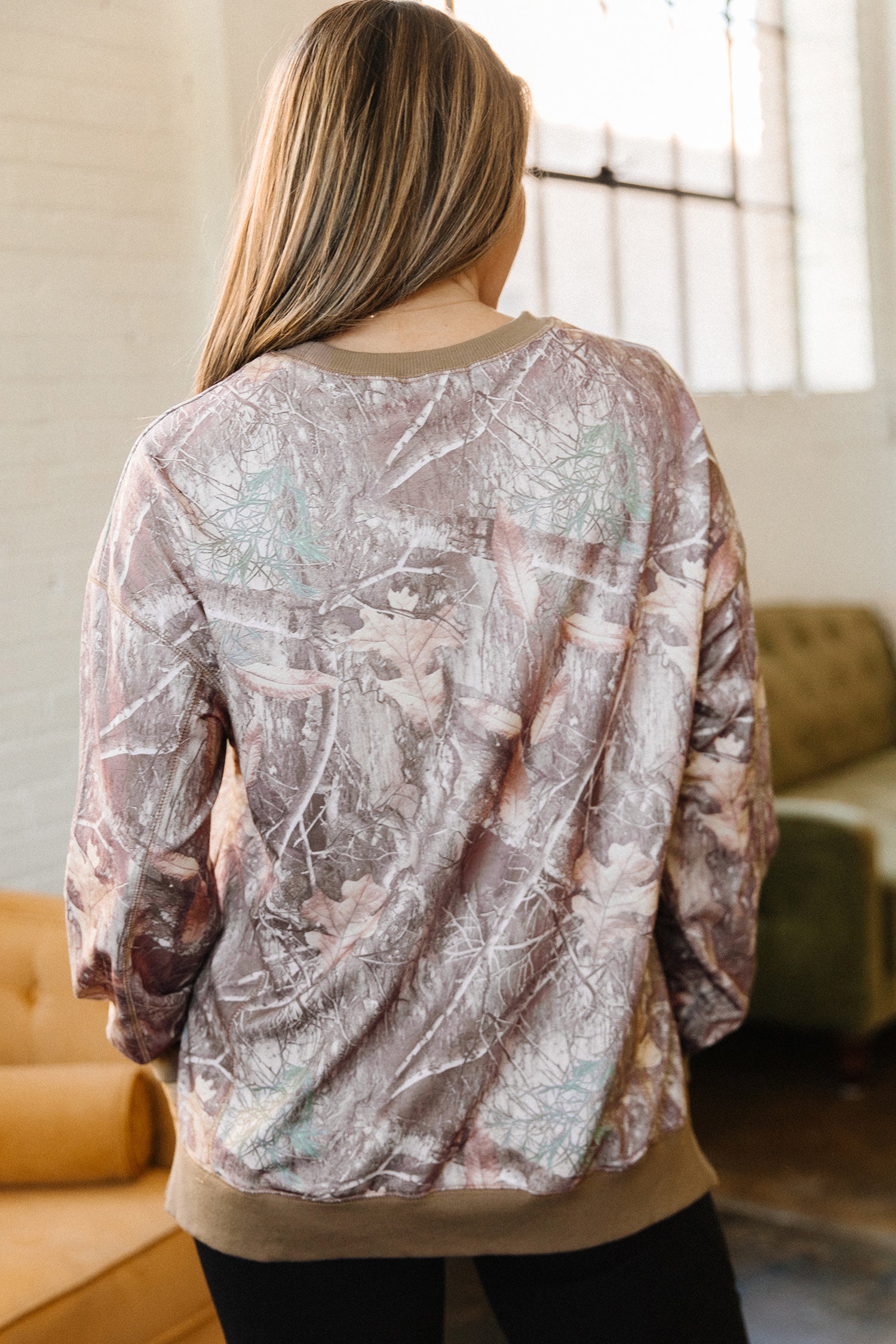 Brown Abstract Camo Print Color Block Detail Baggy Pullover Sweatshirt-Tops/Sweatshirts & Hoodies-[Adult]-[Female]-2022 Online Blue Zone Planet