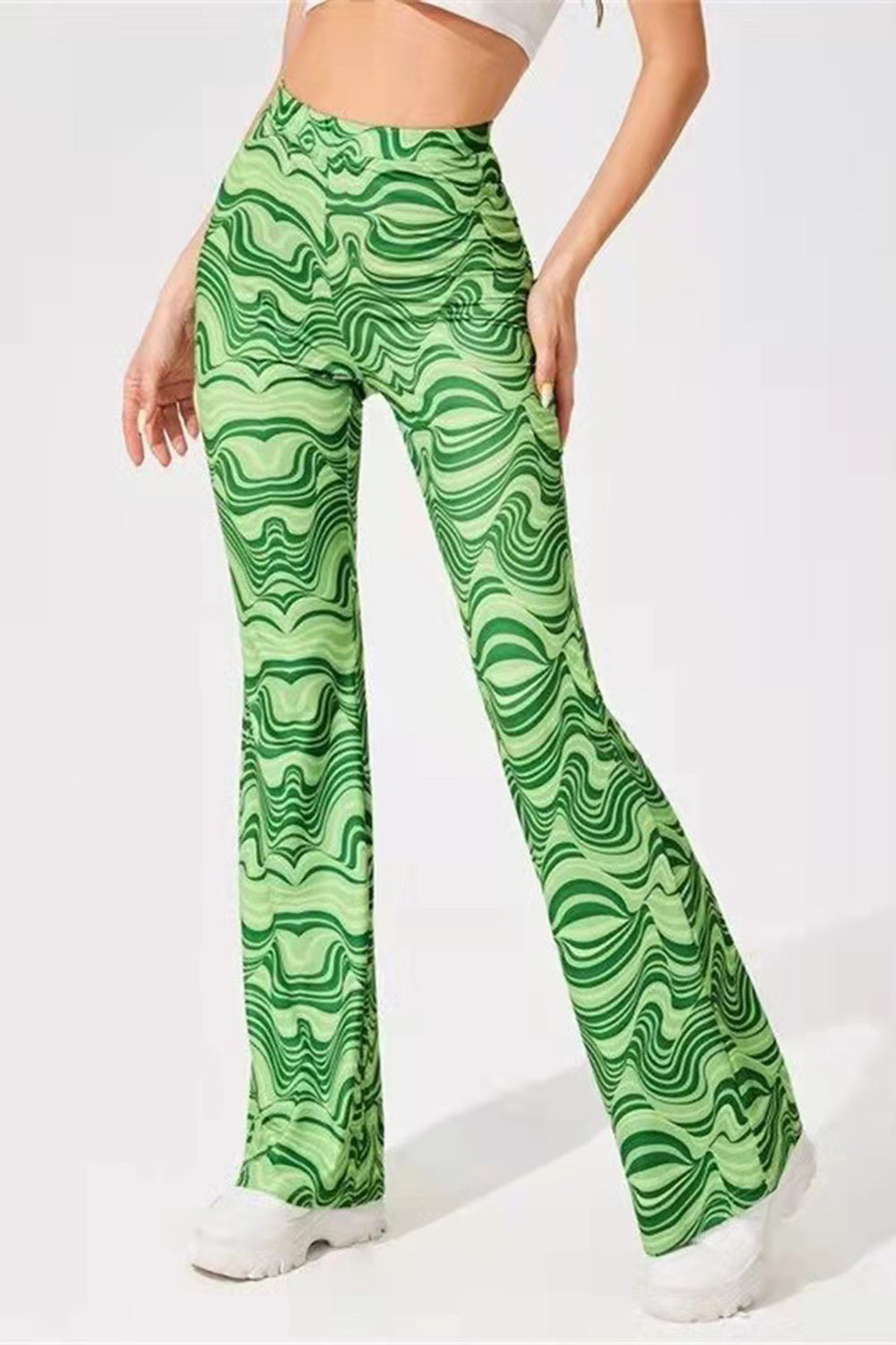 Printed High Waist Flare Pants-[Adult]-[Female]-Green-S-2022 Online Blue Zone Planet