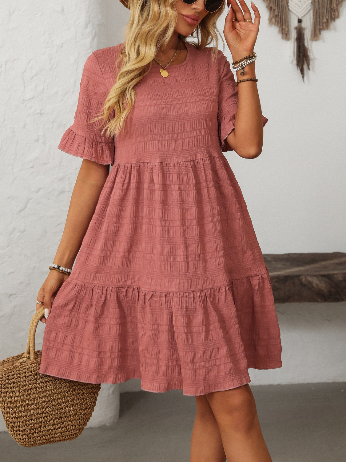 Mandy Ruffled Ruched Round Neck Half Sleeve Dress-TOPS / DRESSES-[Adult]-[Female]-Dusty Pink-S-2022 Online Blue Zone Planet