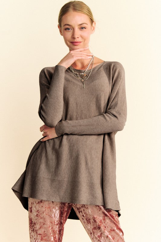 Davi & Dani Round Neck Dropped Shoulder Long Sleeve Knit Top-TOPS / DRESSES-[Adult]-[Female]-Coffee Brown-S-2022 Online Blue Zone Planet