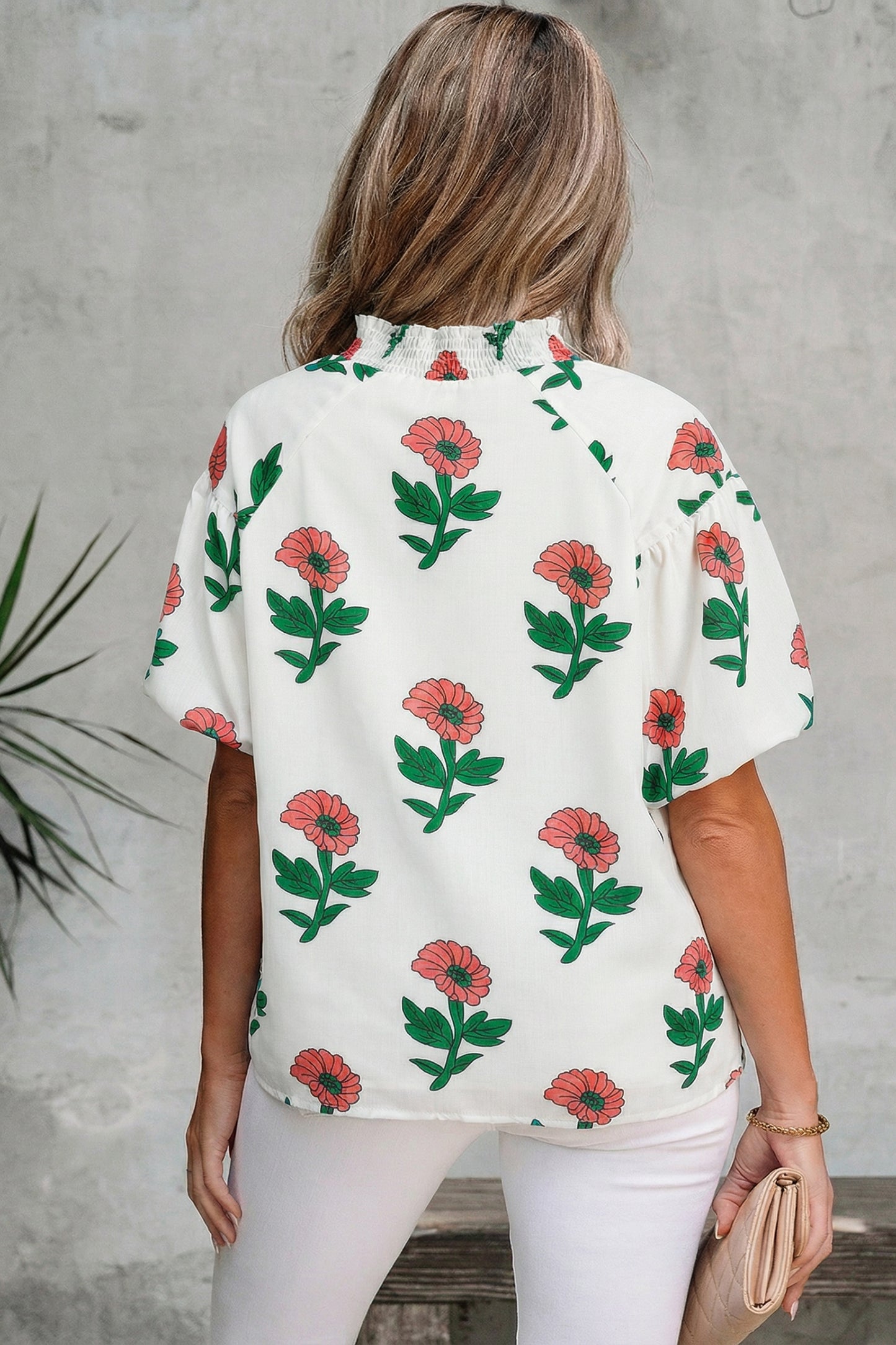 Beige Floral Print Shirred Split Neck Short Sleeve Blouse-Tops/Blouses & Shirts-[Adult]-[Female]-2022 Online Blue Zone Planet