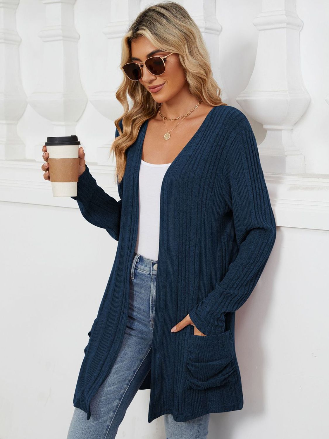 Blue Zone Planet | Pocketed Open Front Long Sleeve Cardigan-TOPS / DRESSES-[Adult]-[Female]-2022 Online Blue Zone Planet