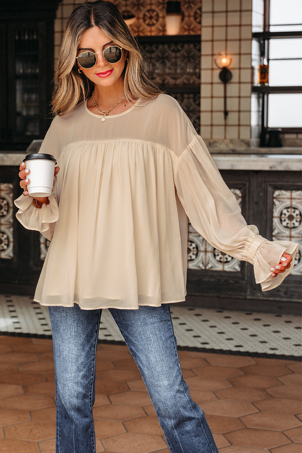 Parchment Pleated Ruffle Long Sleeve Chiffon Blouse-Tops/Blouses & Shirts-[Adult]-[Female]-2022 Online Blue Zone Planet