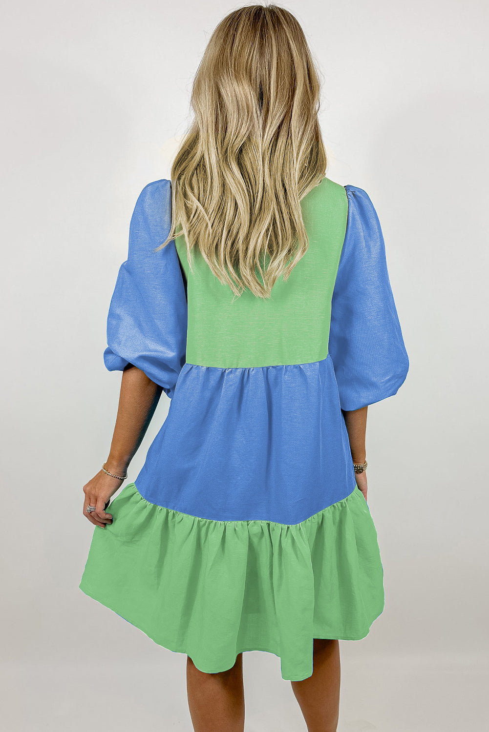 Dark Blue Colorblock Frilled V Neck Puff Half Sleeve Shift Dress-Short Dresses-[Adult]-[Female]-2022 Online Blue Zone Planet