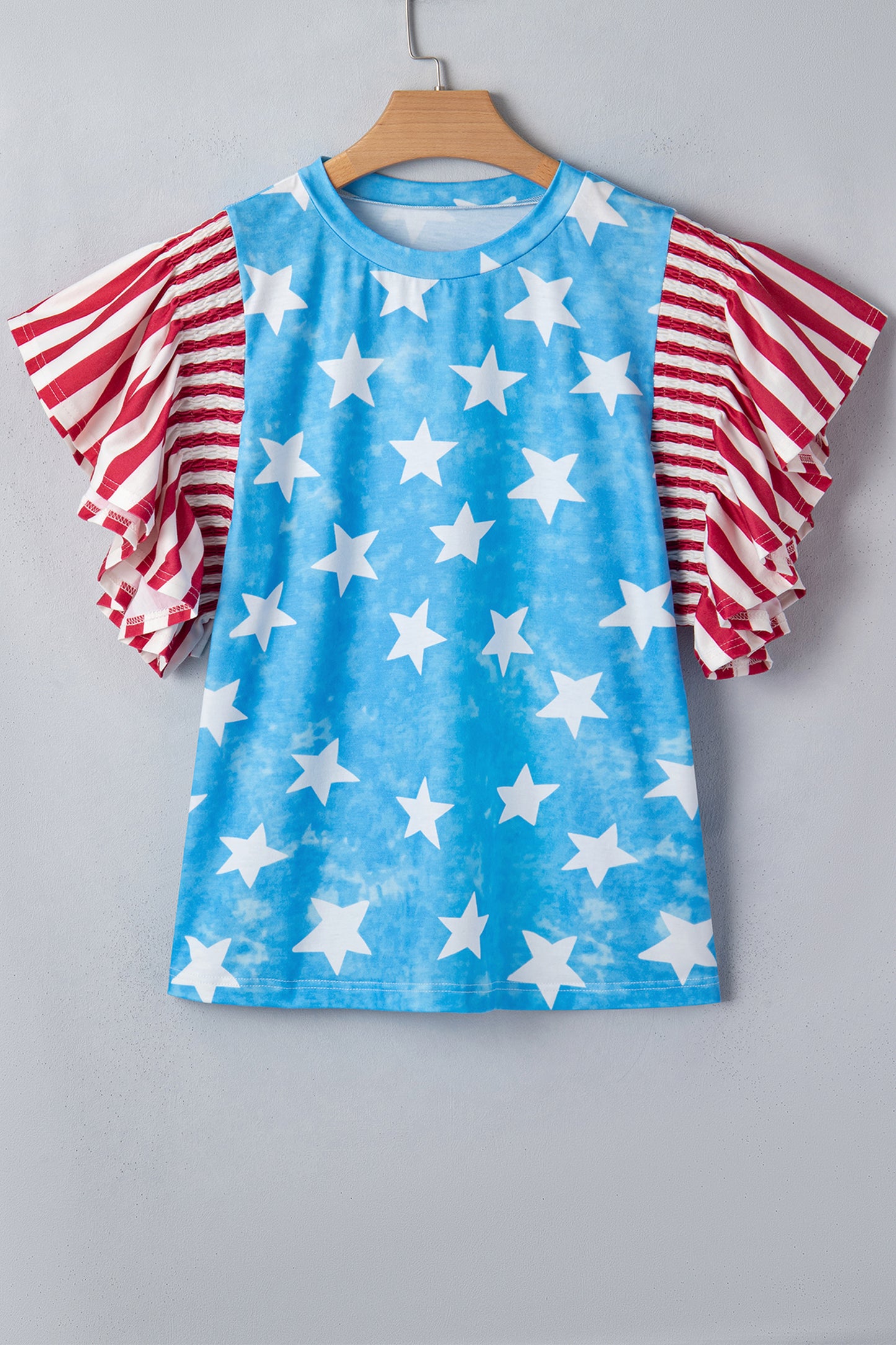 Sky Blue Vintage Star Print Striped Ruffle Sleeve Independence Day Top-Tops/Tops & Tees-[Adult]-[Female]-2022 Online Blue Zone Planet
