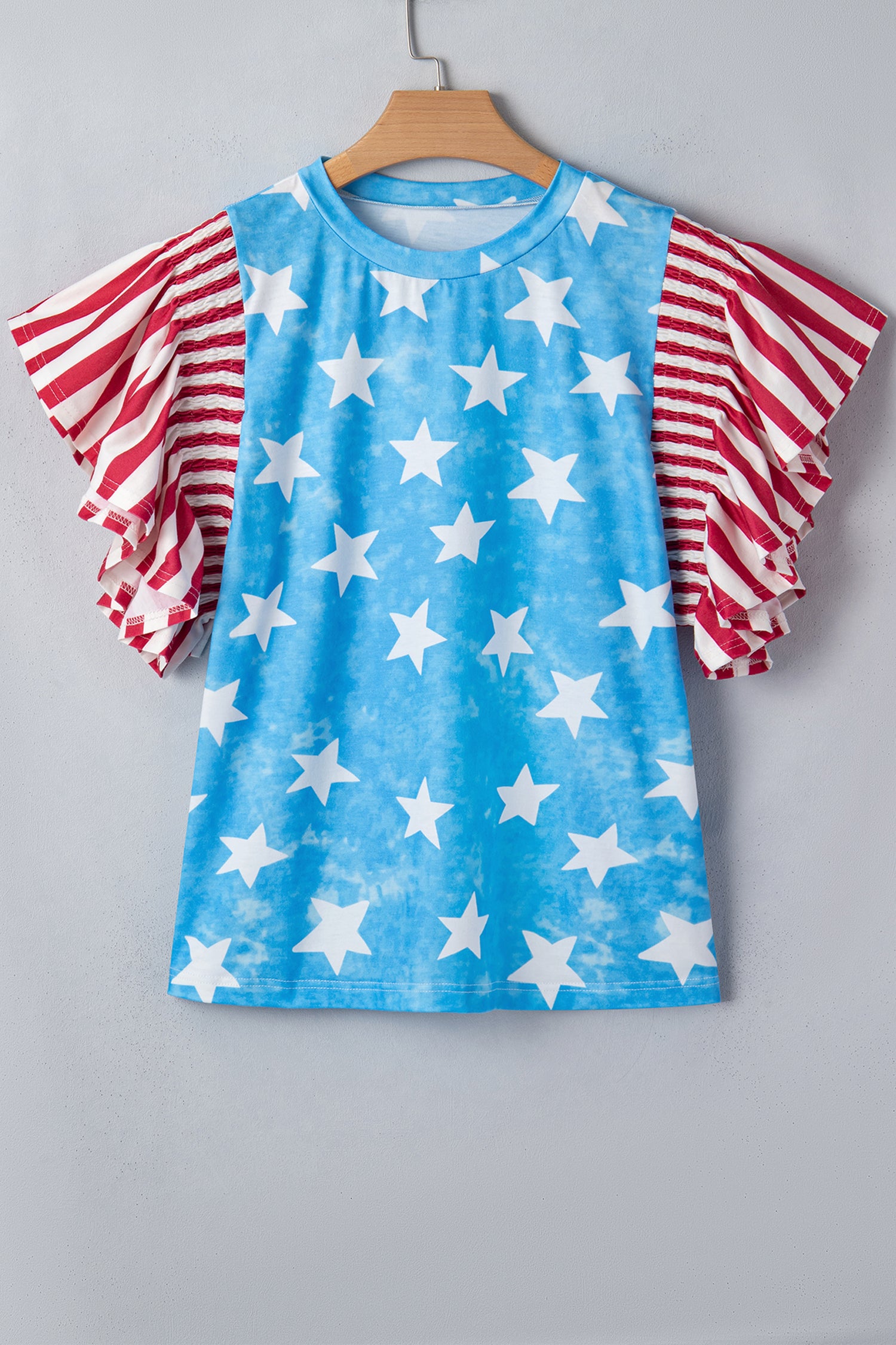 Sky Blue Vintage Star Print Striped Ruffle Sleeve Independence Day Top-Tops/Tops & Tees-[Adult]-[Female]-2022 Online Blue Zone Planet
