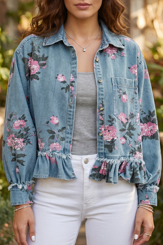 Sky Blue Floral Print Raw Seam Ruffle Hem Denim Jacket-Outerwear/Denim jackets-[Adult]-[Female]-Sky Blue-S-2022 Online Blue Zone Planet