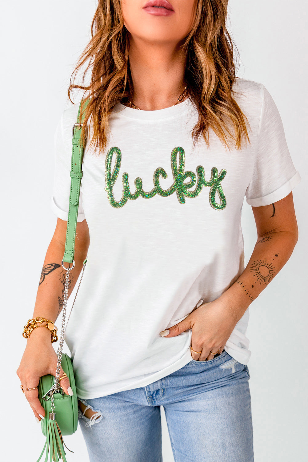 White Sequined Lucky St.Patricks Day Graphic Tee-Graphic/Graphic Tees-[Adult]-[Female]-2022 Online Blue Zone Planet