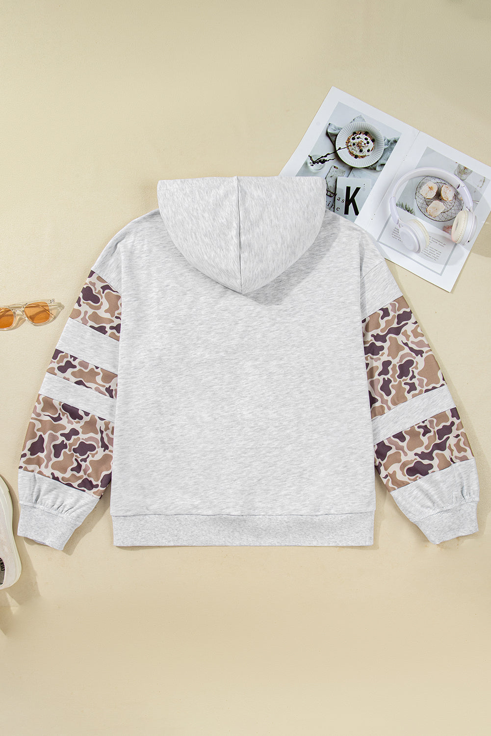 Light Grey Camouflage Patchwork Asymmetric Sleeve Plus Size Hoodie-Tops / Dresses-[Adult]-[Female]-2022 Online Blue Zone Planet