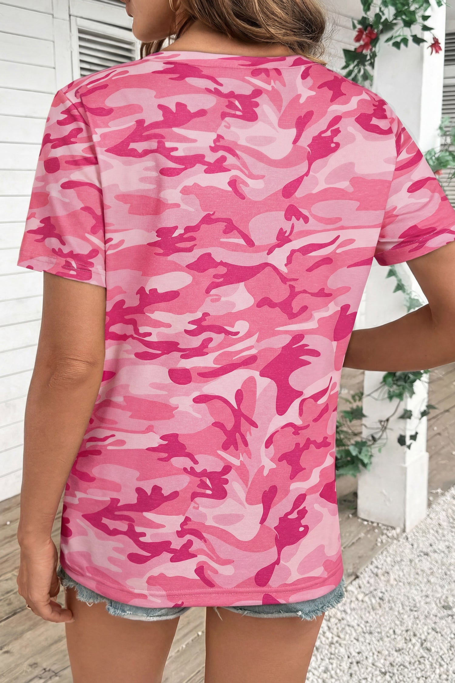 Pink Camouflage Print Crew Neck T Shirt-Tops/Tops & Tees-[Adult]-[Female]-2022 Online Blue Zone Planet