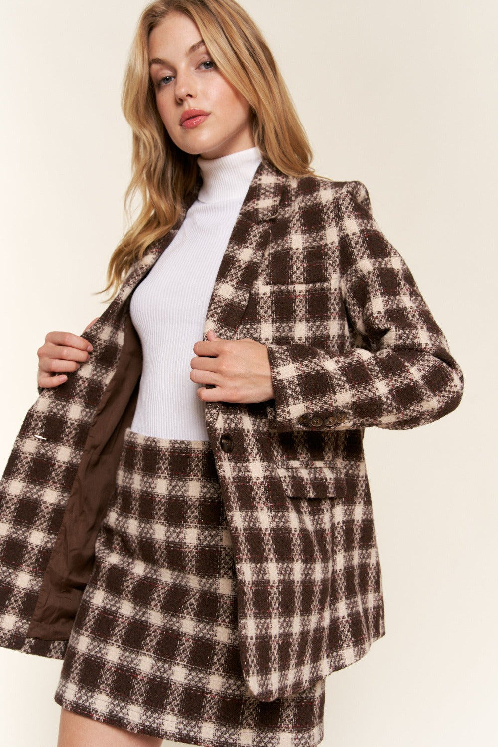 And The Why Full Size Plaid Brushed One Button Blazer-TOPS / DRESSES-[Adult]-[Female]-Brown-S-2022 Online Blue Zone Planet