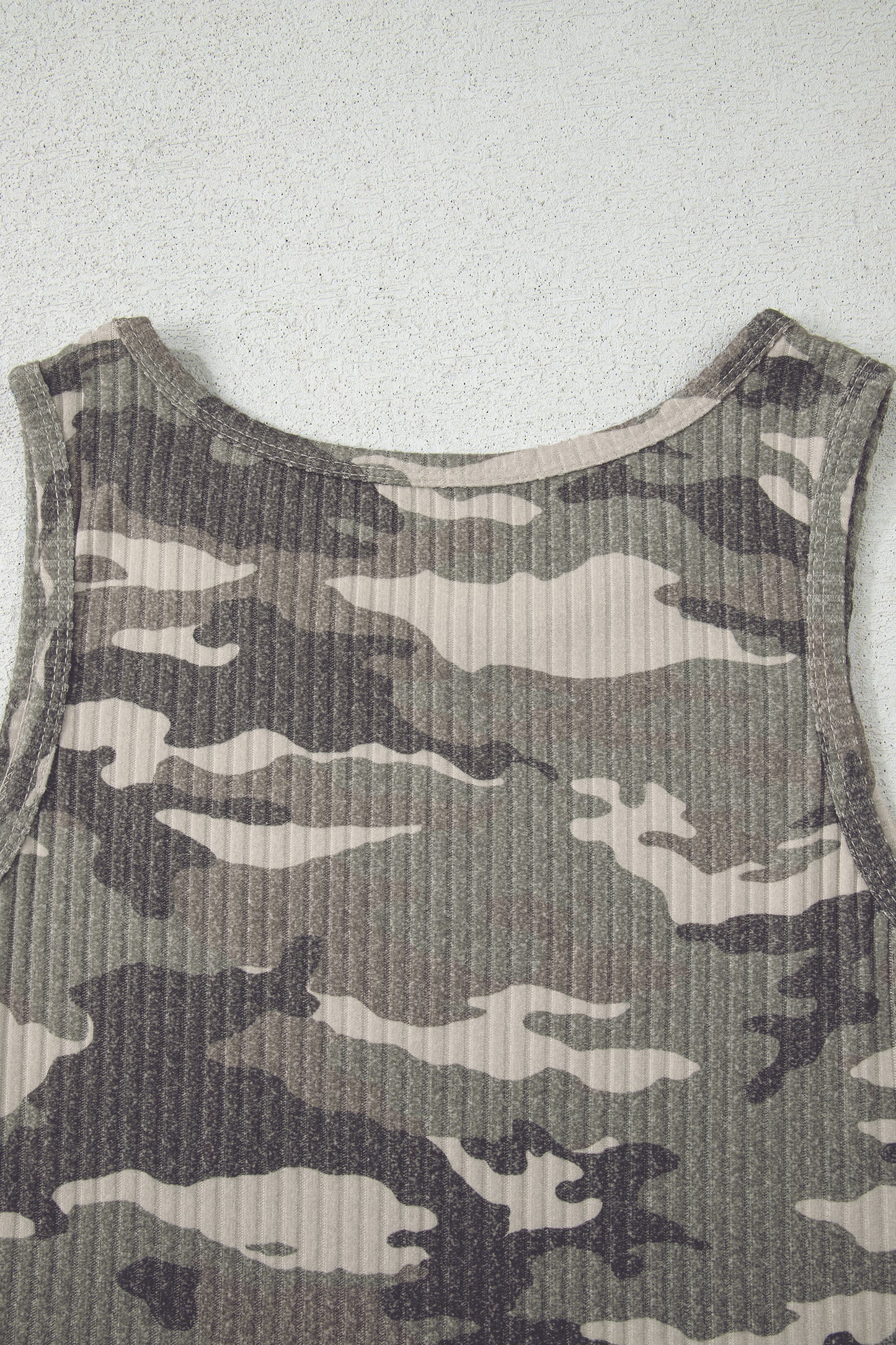 Green Camouflage Print Ribbed Knit Round Neck Tank Top-Tops/Tank Tops-[Adult]-[Female]-2022 Online Blue Zone Planet