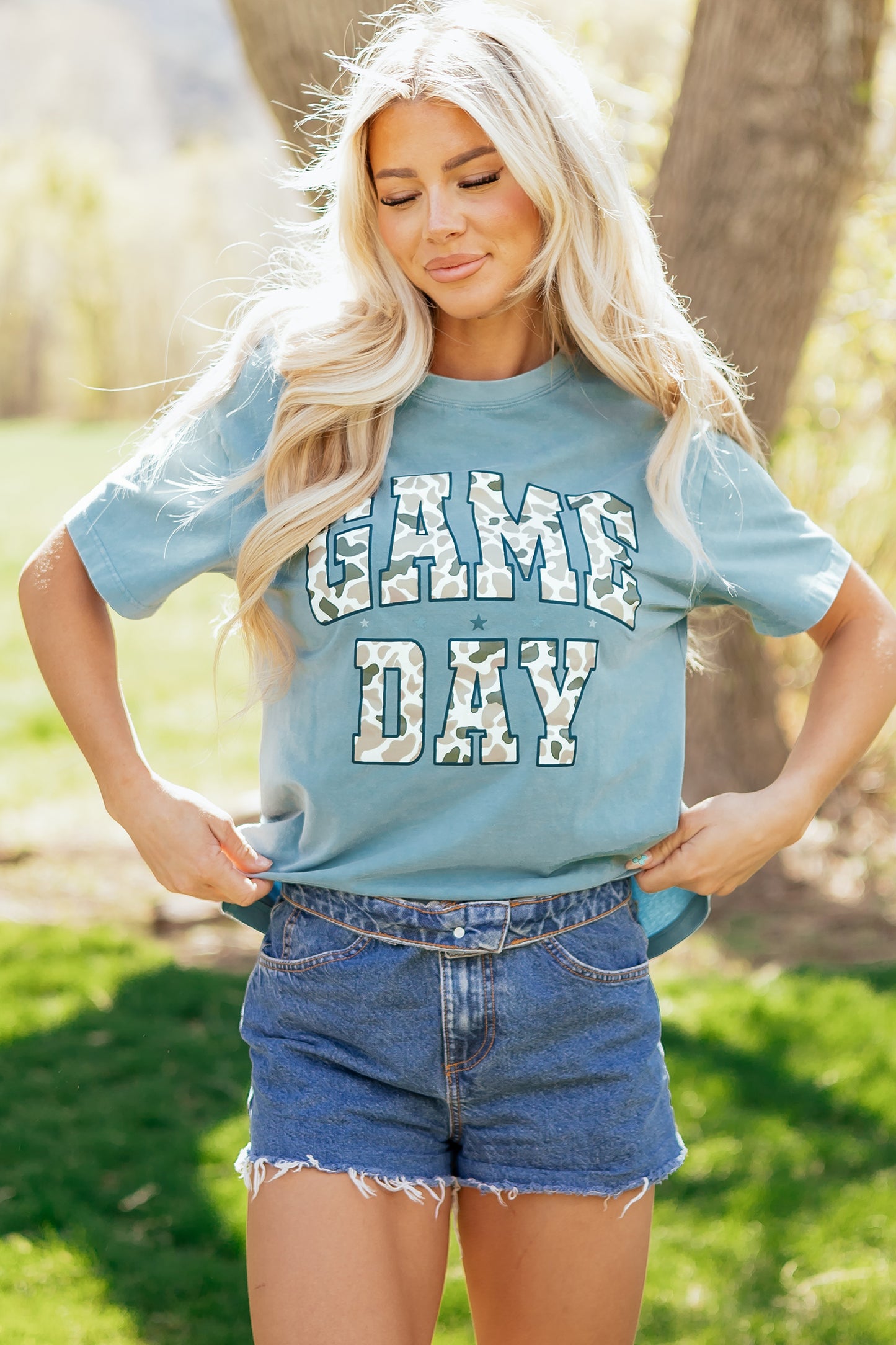 Stone Blue Camo Game Day Graphic T Shirt-Tops/Tops & Tees-[Adult]-[Female]-2022 Online Blue Zone Planet