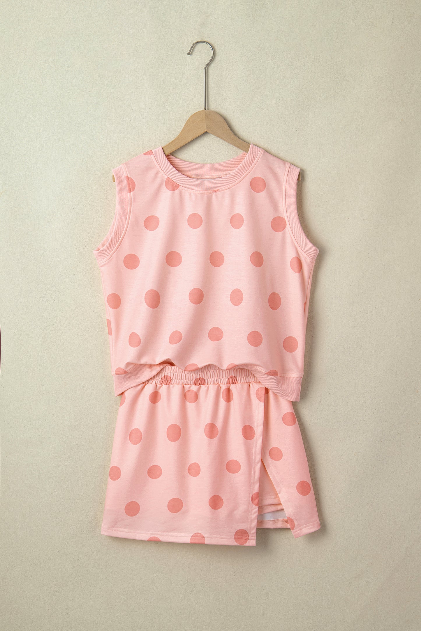 Sky Blue Ribbed Trim Polka Dot Print Tank Split Mini Skort 2pcs Set-Two Piece Sets/Two Piece Dresses-[Adult]-[Female]-2022 Online Blue Zone Planet