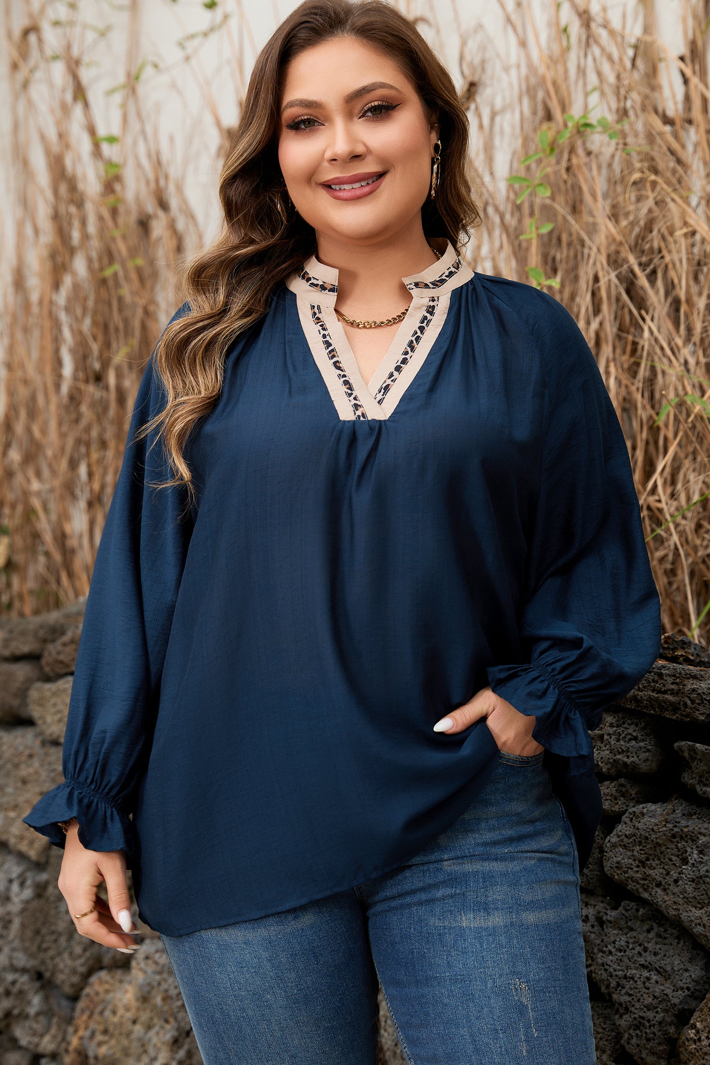 Navy Blue Contrast Leopard Patchwork Collar Plus Size Long Flounce Sleeve Blouse-Plus Size/Plus Size Tops/Plus Size Blouses & Shirts-[Adult]-[Female]-2022 Online Blue Zone Planet