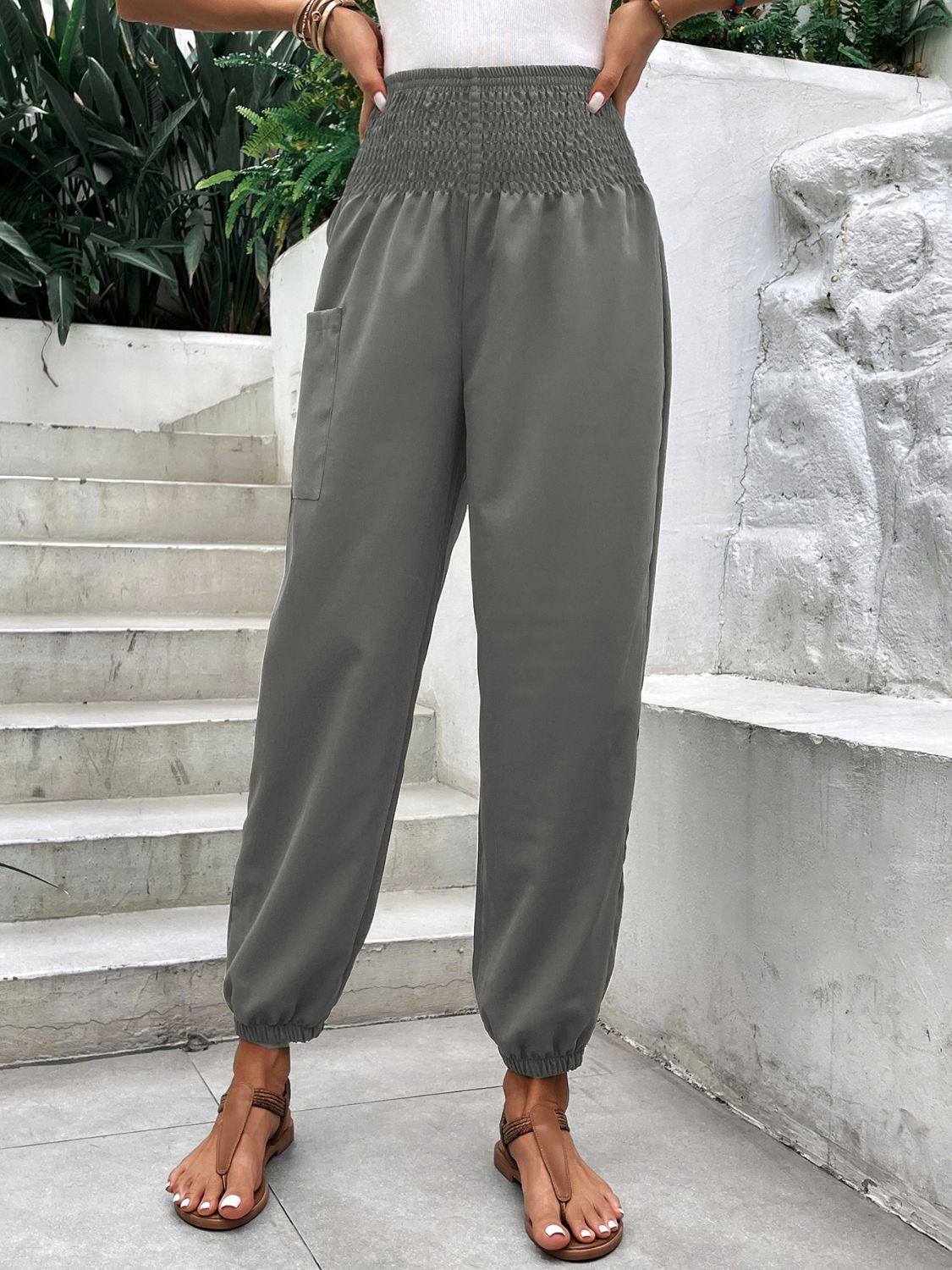 Smocked High Rise Joggers with Pockets-BOTTOM SIZES SMALL MEDIUM LARGE-[Adult]-[Female]-Gray-S-2022 Online Blue Zone Planet