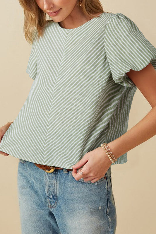 Green Stripe Textured Round Neck Short Puff Sleeve Blouse-Tops/Blouses & Shirts-[Adult]-[Female]-Green Stripe-S-2022 Online Blue Zone Planet