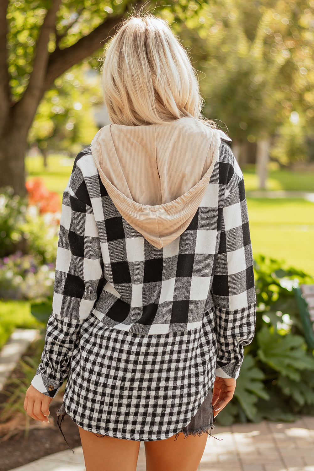 Black Double Plaid Patchwork Drawstring Hooded Shacket-Tops / Dresses-[Adult]-[Female]-2022 Online Blue Zone Planet