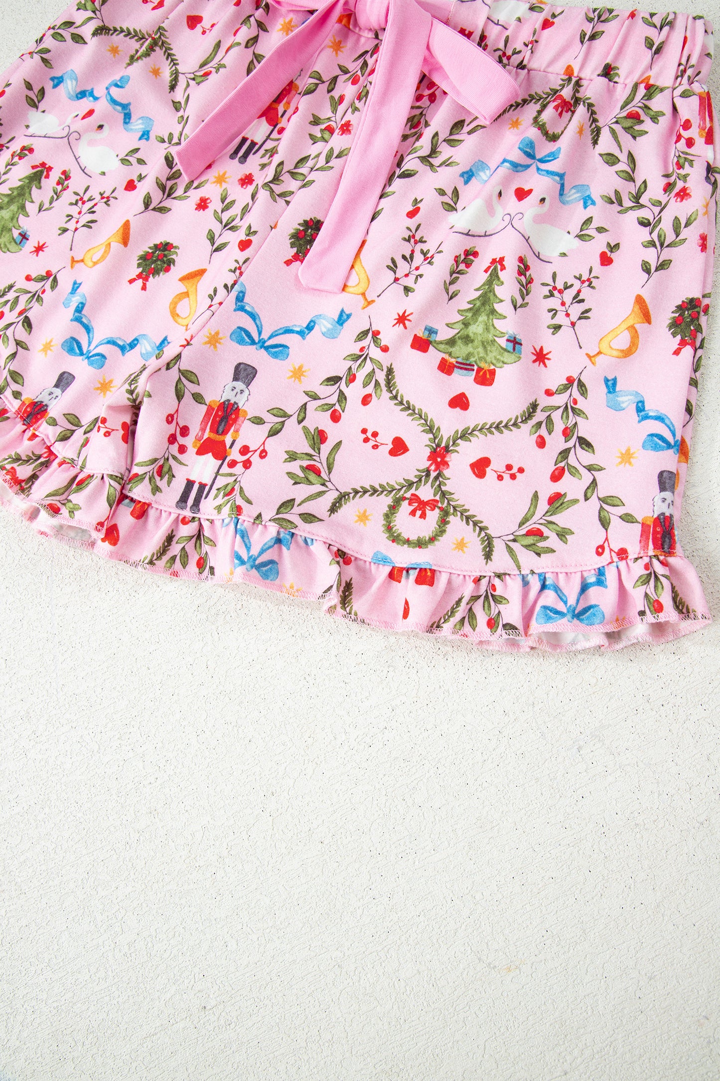 Pink Nutcracker Doll Christmas Print Ribbon Tie Waist Short 2pcs Pajama Set-Loungewear & Sleepwear/Sleepwear-[Adult]-[Female]-2022 Online Blue Zone Planet