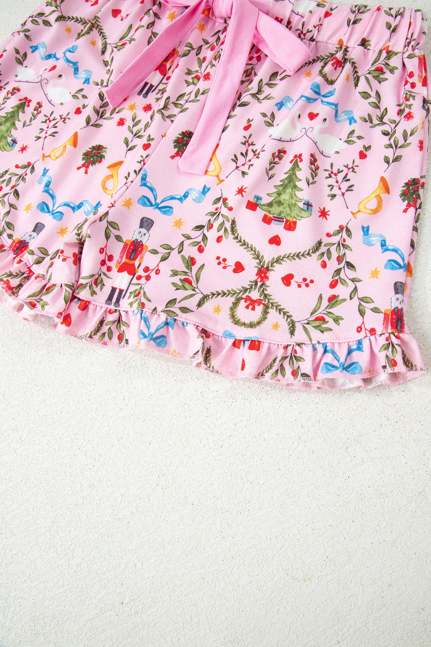 Pink Nutcracker Doll Christmas Print Ribbon Tie Waist Short 2pcs Pajama Set-Loungewear & Sleepwear/Sleepwear-[Adult]-[Female]-2022 Online Blue Zone Planet