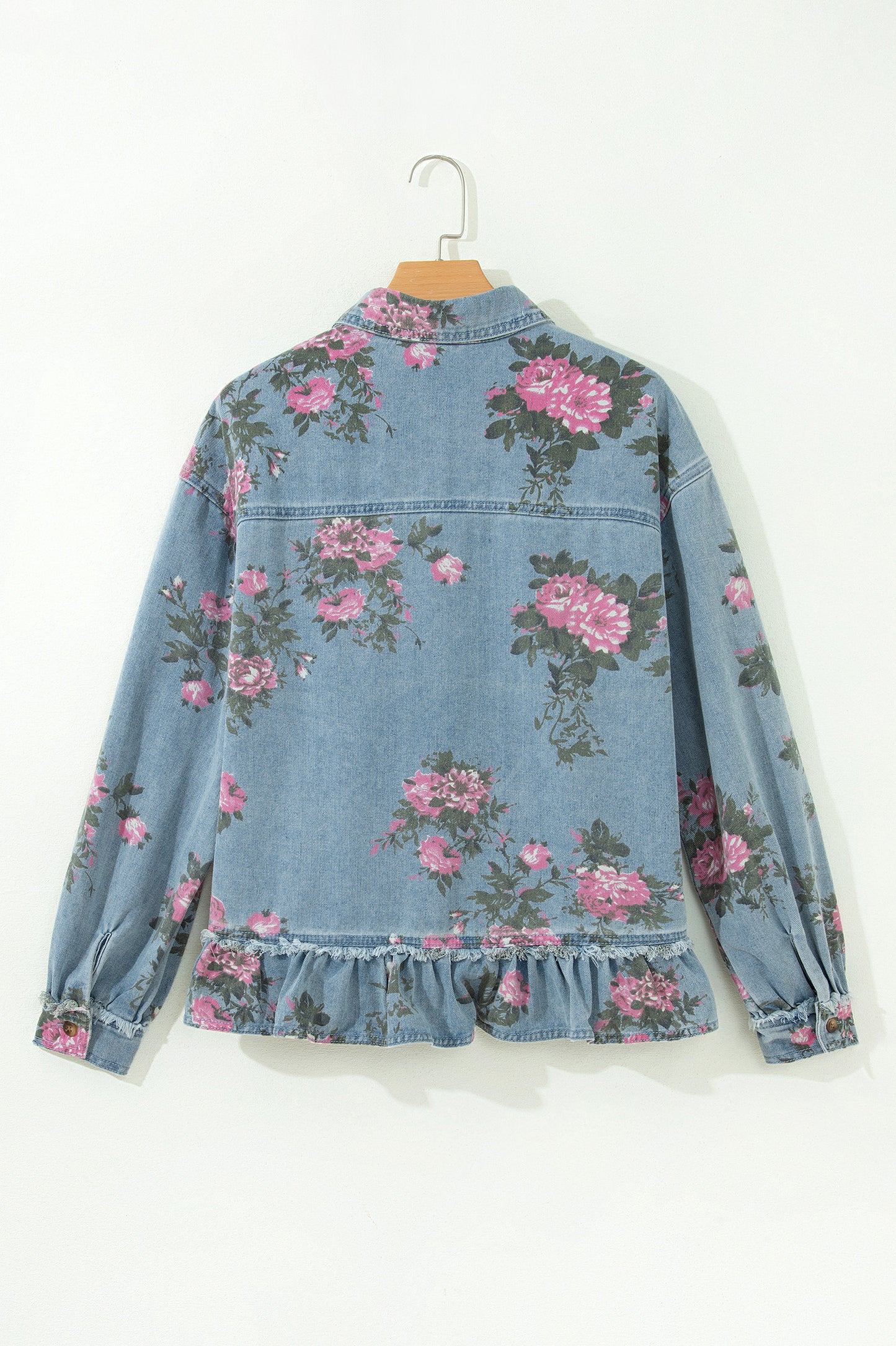 Sky Blue Floral Print Raw Seam Ruffle Hem Denim Jacket-Outerwear/Denim jackets-[Adult]-[Female]-2022 Online Blue Zone Planet