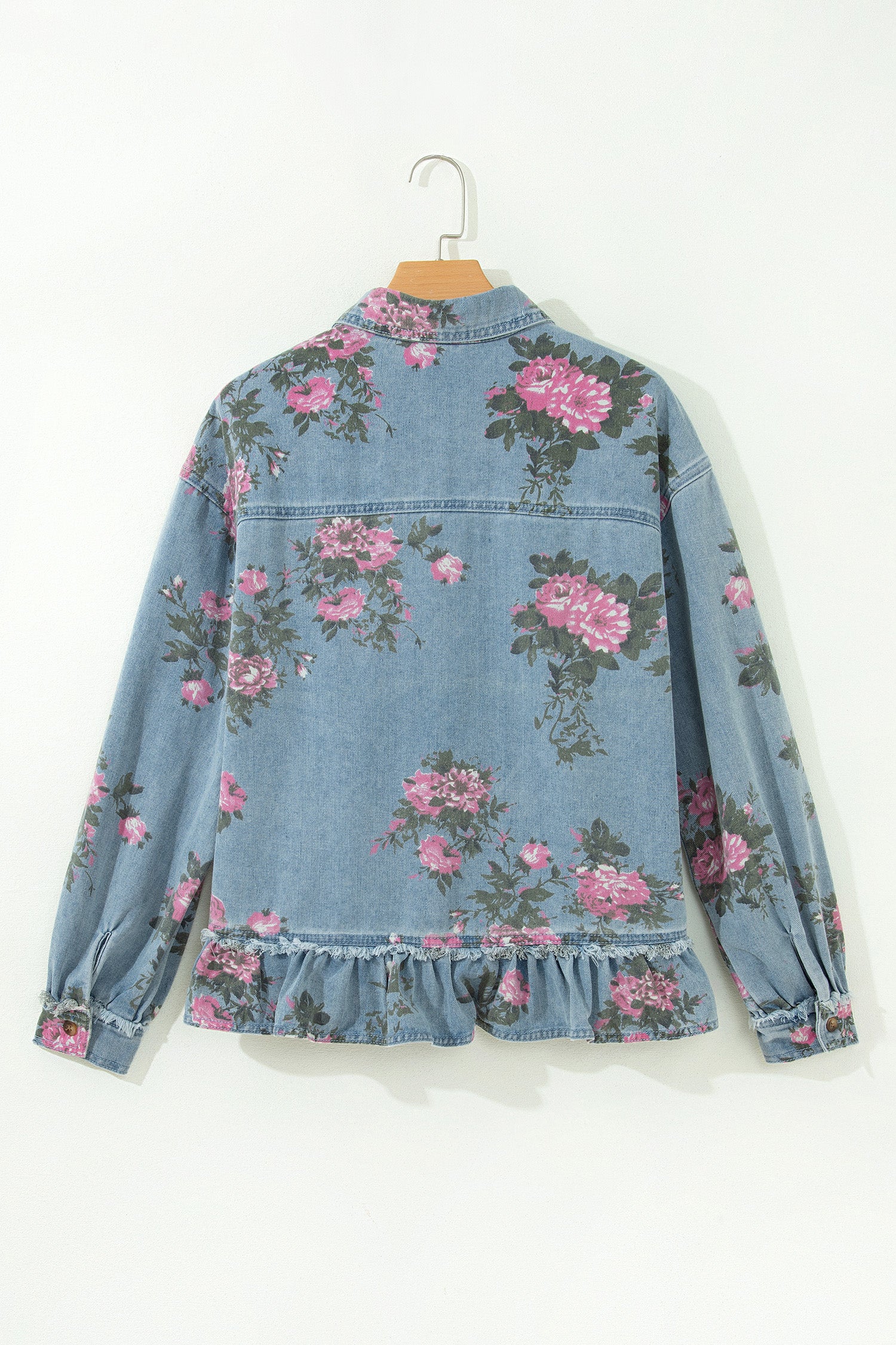 Sky Blue Floral Print Raw Seam Ruffle Hem Denim Jacket-Outerwear/Denim jackets-[Adult]-[Female]-2022 Online Blue Zone Planet