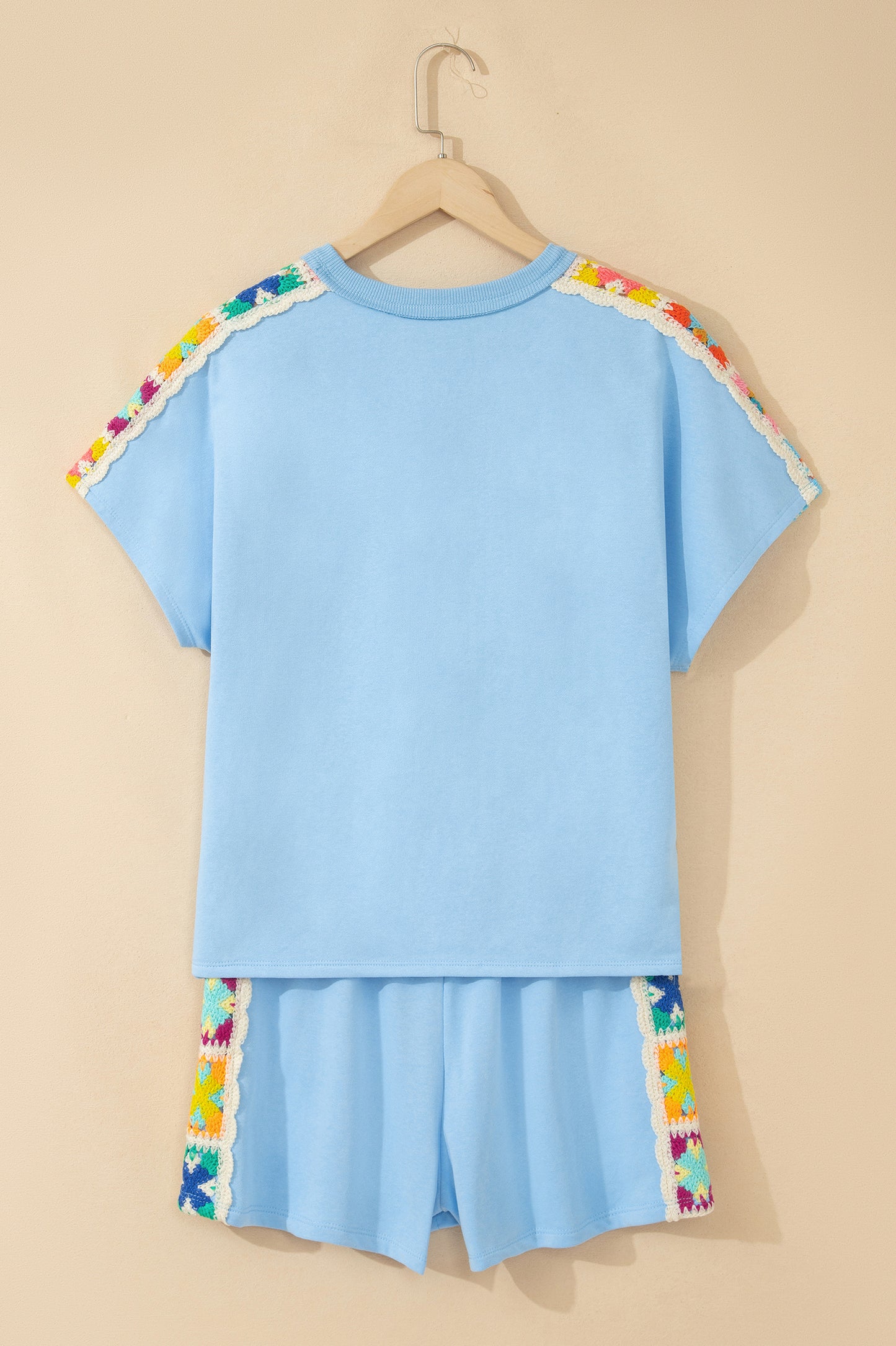 Mist Blue Granny Square Crochet Detail Short 2pcs Set-Two Piece Sets/Short Sets-[Adult]-[Female]-2022 Online Blue Zone Planet