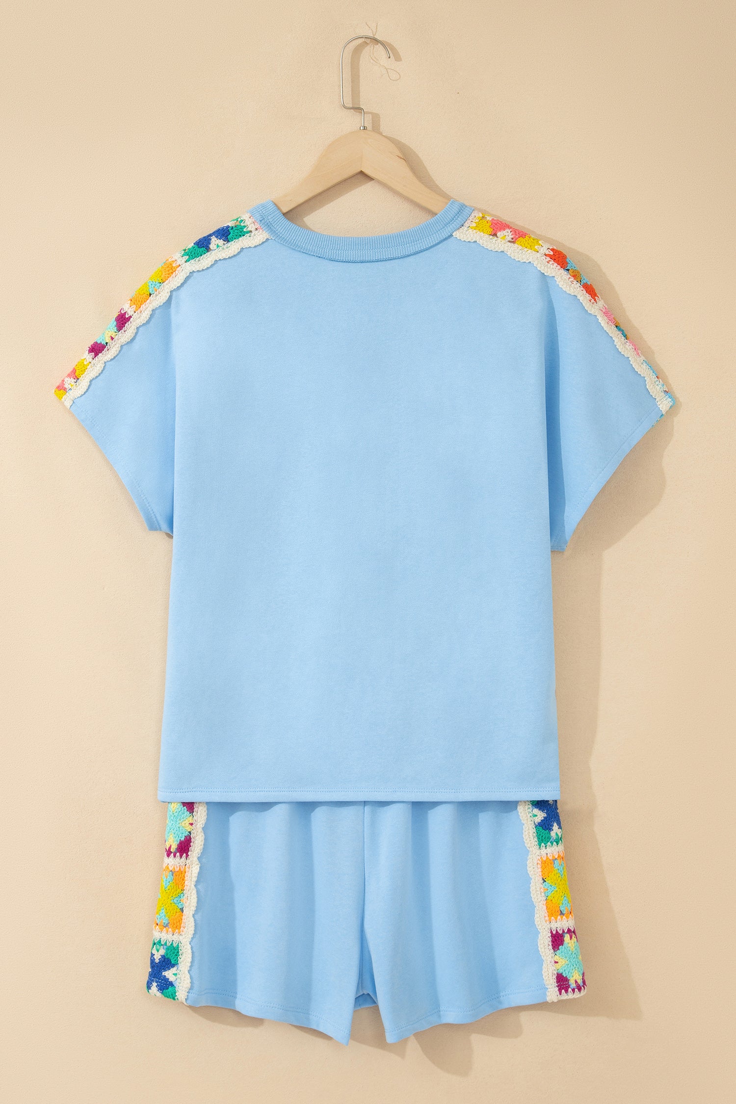Mist Blue Granny Square Crochet Detail Short 2pcs Set-Two Piece Sets/Short Sets-[Adult]-[Female]-2022 Online Blue Zone Planet
